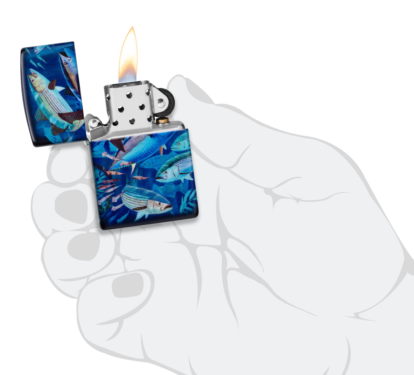 Zippo Guy Harvey School of Fish Design White 540 Matte Windproof Lighter lit in hand.