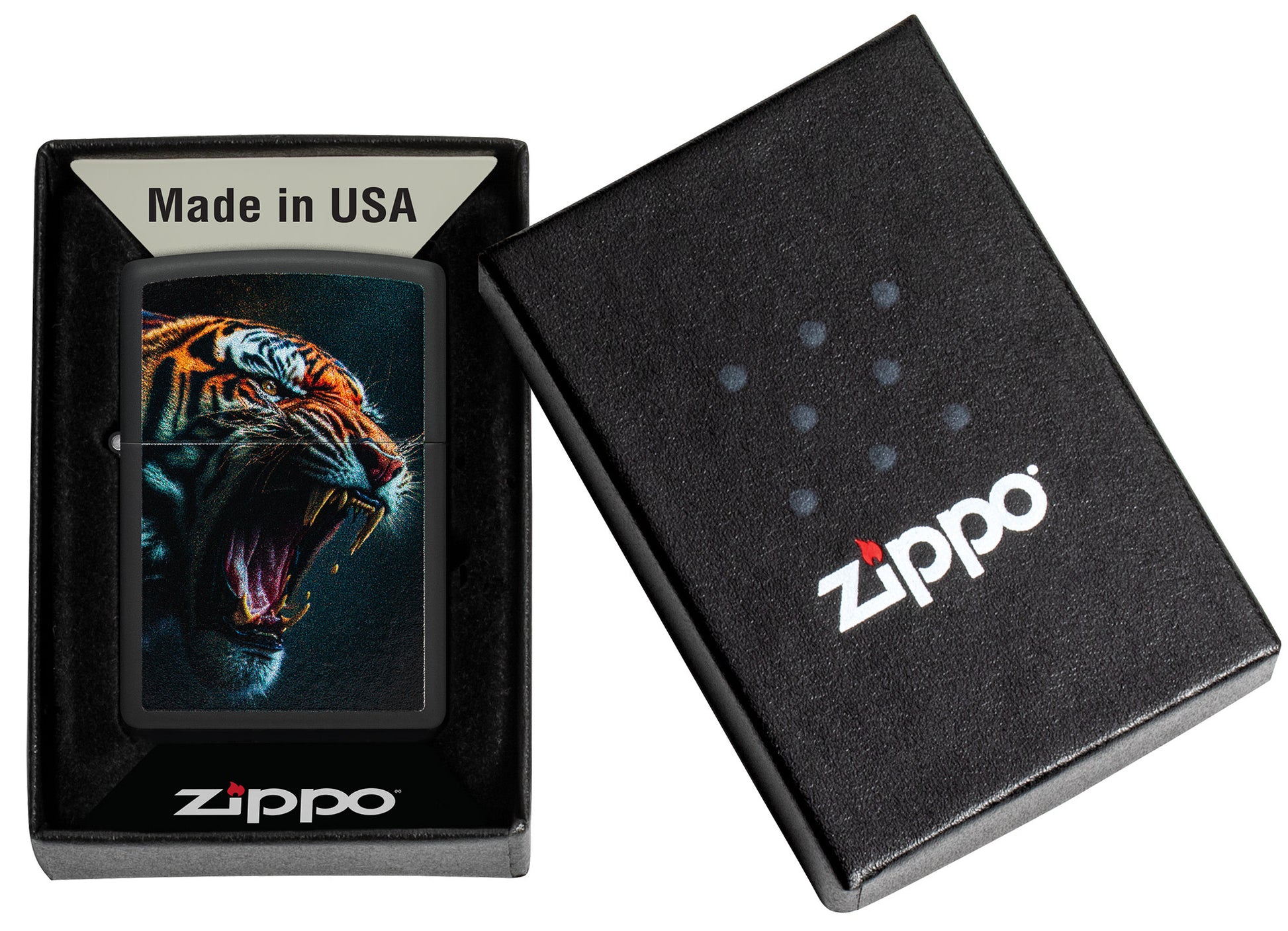 Zippo Tiger Roar Design Black Matte Windproof Lighter in its packaging.
