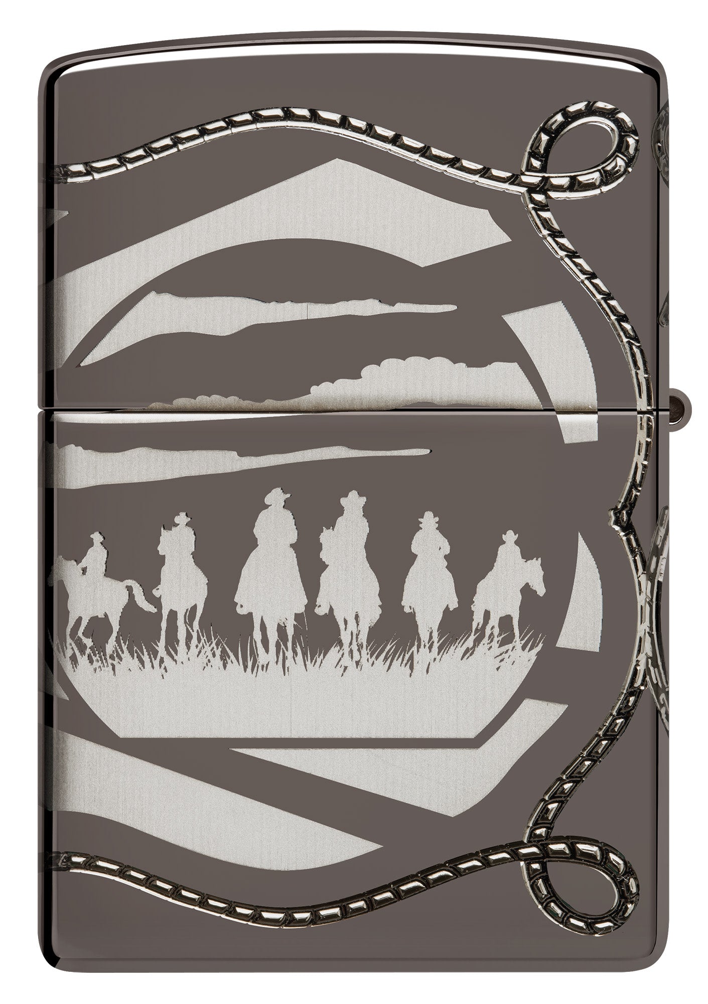 Back shot of Zippo Skeleton Cowboy Design Armor® Black Ice Windproof Lighter.