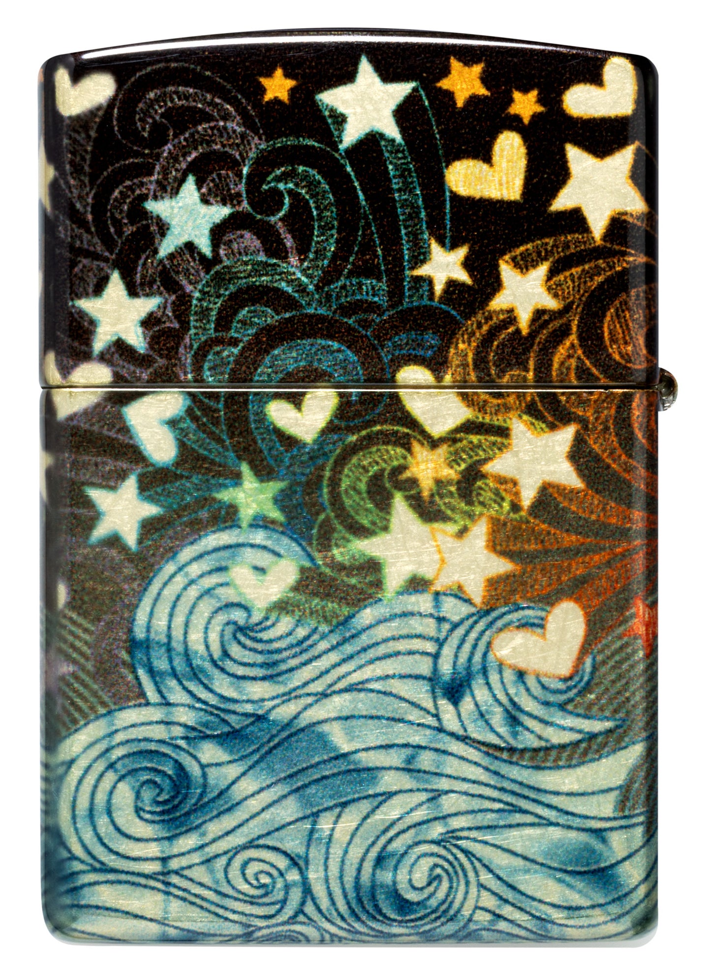 Back view of Zippo Star-Crossed Lovers Design 540 Tumbled Brass Windproof Lighter.