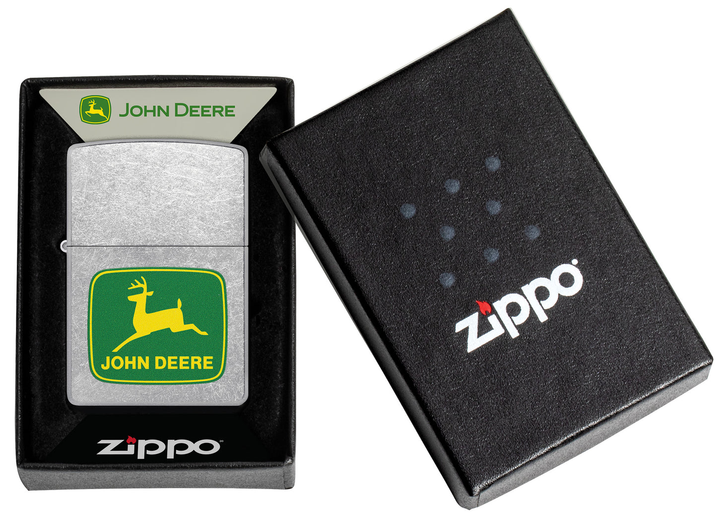 Zippo John Deere Leaping Deer Design Street Chrome Pocket Lighter in its packaging.