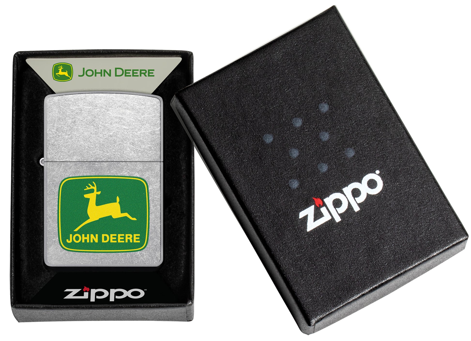 Zippo John Deere Leaping Deer Design Street Chrome Pocket Lighter in its packaging.