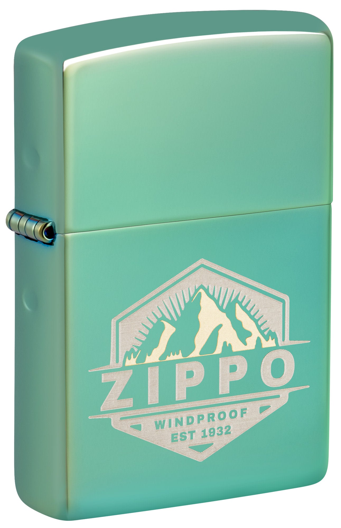 Front shot of Zippo Badge Design High Polish Green Windproof Lighter standing at a 3/4 angle.