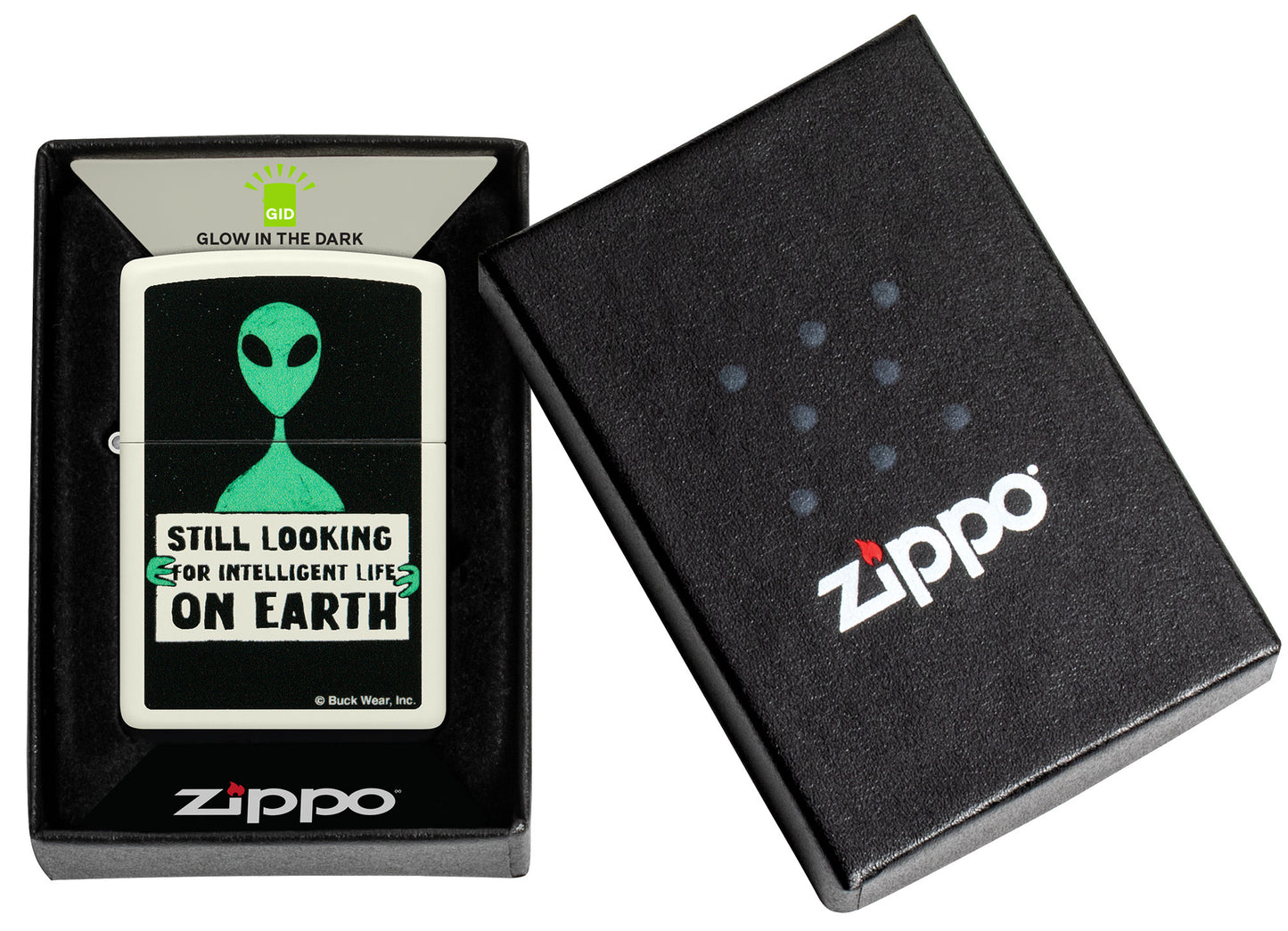 Zippo Buck Wear Alien Design Glow in the Dark Green Matte Windproof Lighter in its packaging.