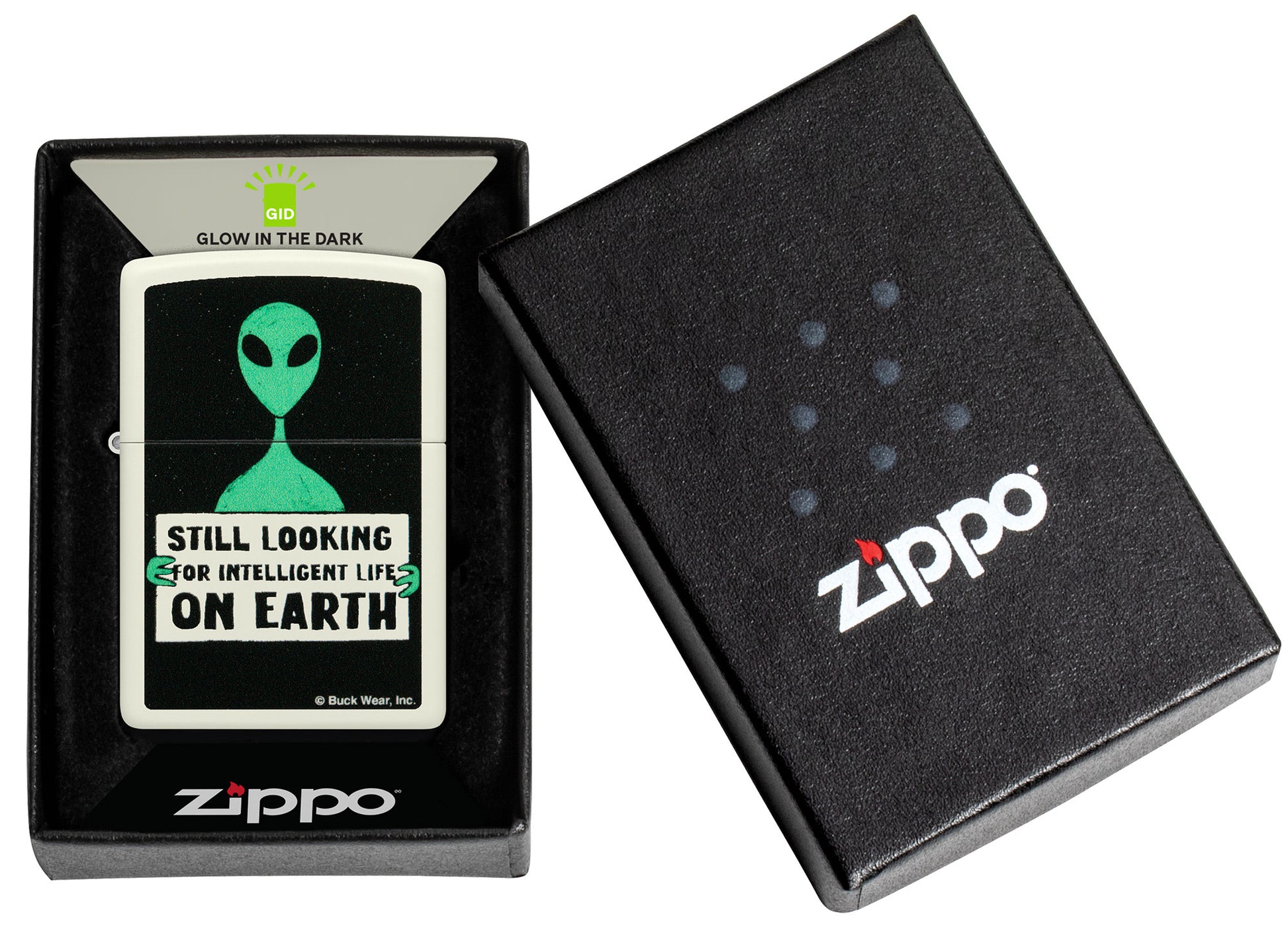 Zippo Buck Wear Alien Design Glow in the Dark Green Matte Windproof Lighter in its packaging.