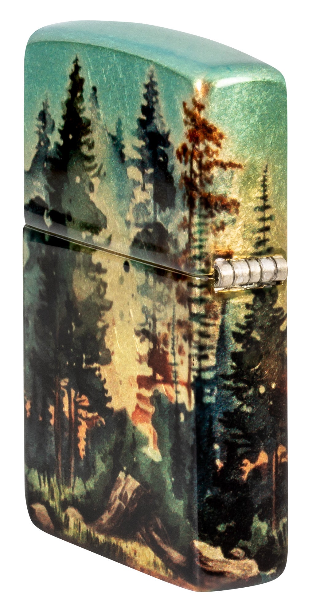 Angled shot of Zippo Off the Grid Design 540 Tumbled Brass Windproof Lighter showing the back and hinge side of the lighter.