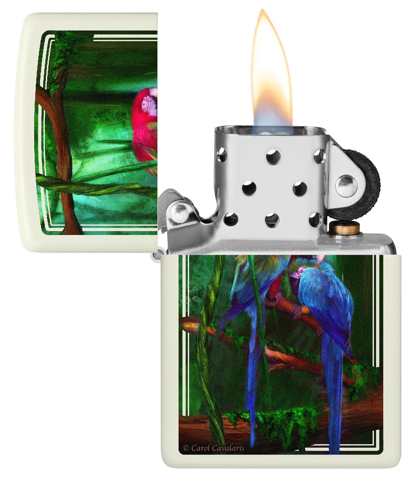 Zippo Carol Cavalaris Glow in the Dark Windproof Lighter with its lid open and lit.
