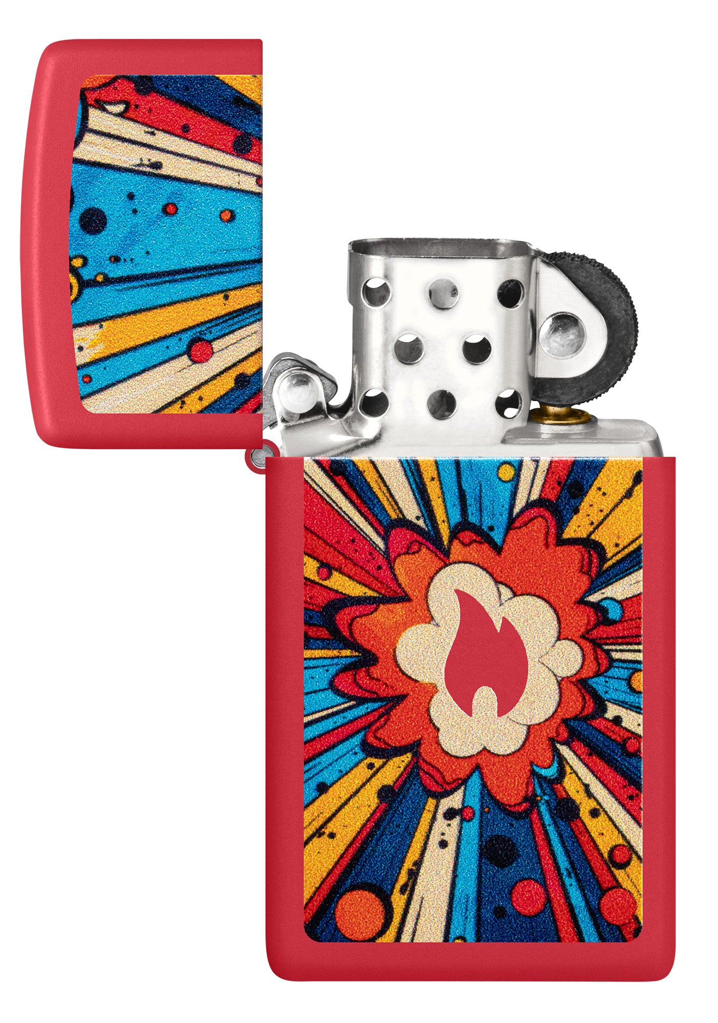 Zippo Comic Blast Design Slim Red Matte Windproof Lighter with its lid open and unlit.