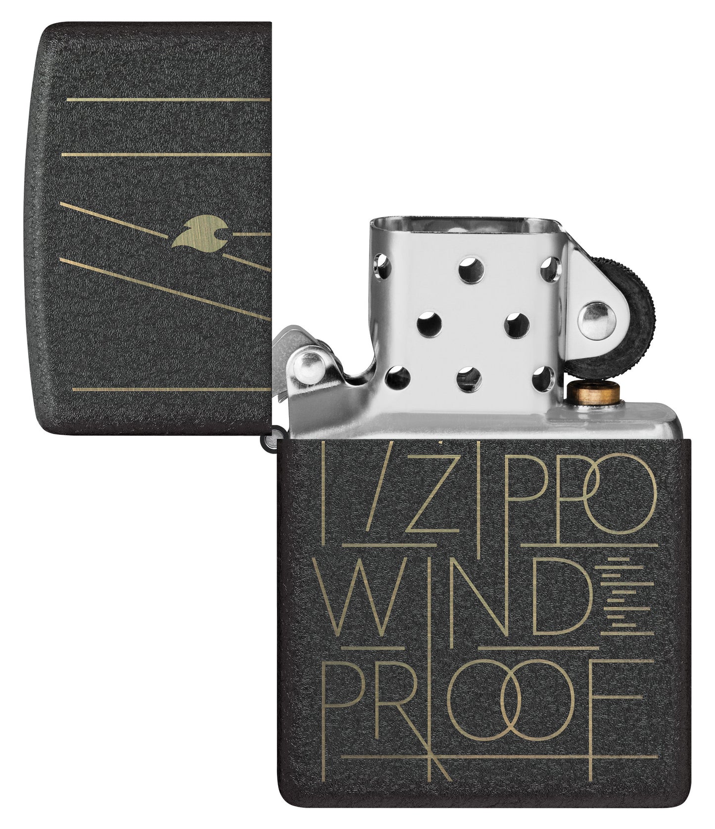 Zippo Line Art Zippo Design Black Crackle Windproof Lighter with its lid open and unlit.