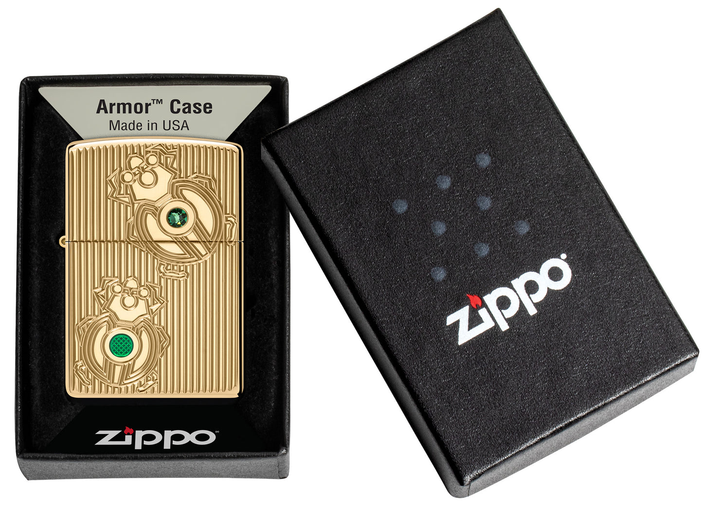 Zippo Bejeweled Beetle Design High Polish Brass Windproof Lighter in its packaging.