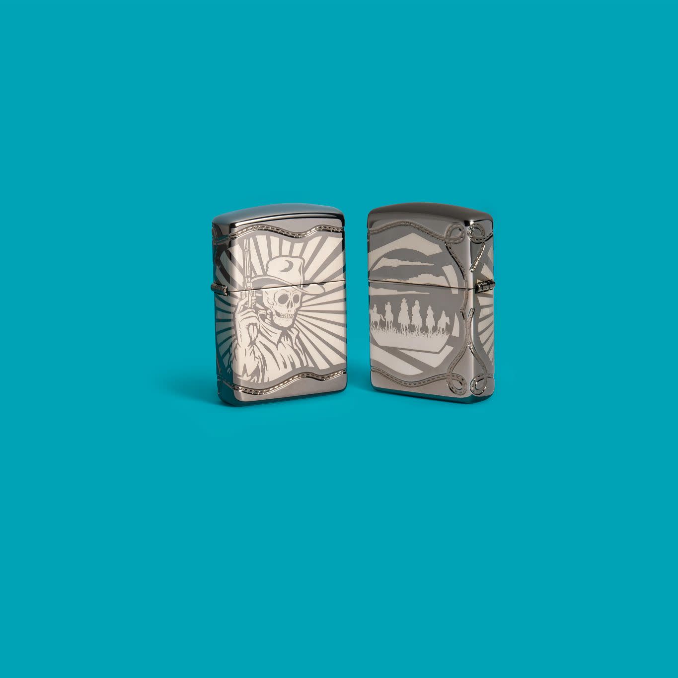 Lifestyle image of Zippo Skeleton Cowboy Design Armor® Black Ice Windproof Lighter on an aqua background.