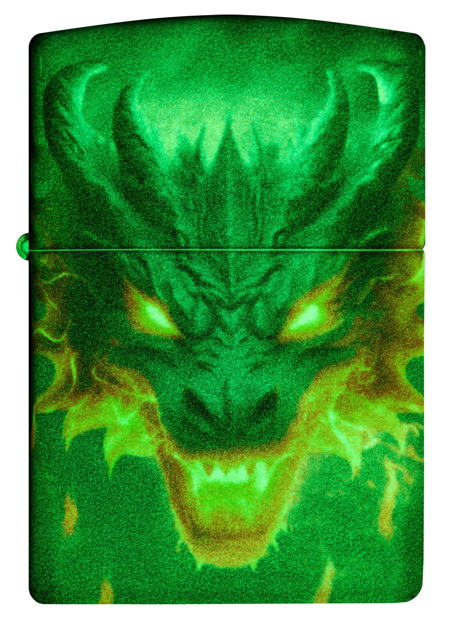 Front view of Zippo Glowing Dragon Design 540 Color Glow in the Dark Windproof Lighter glowing in the dark.