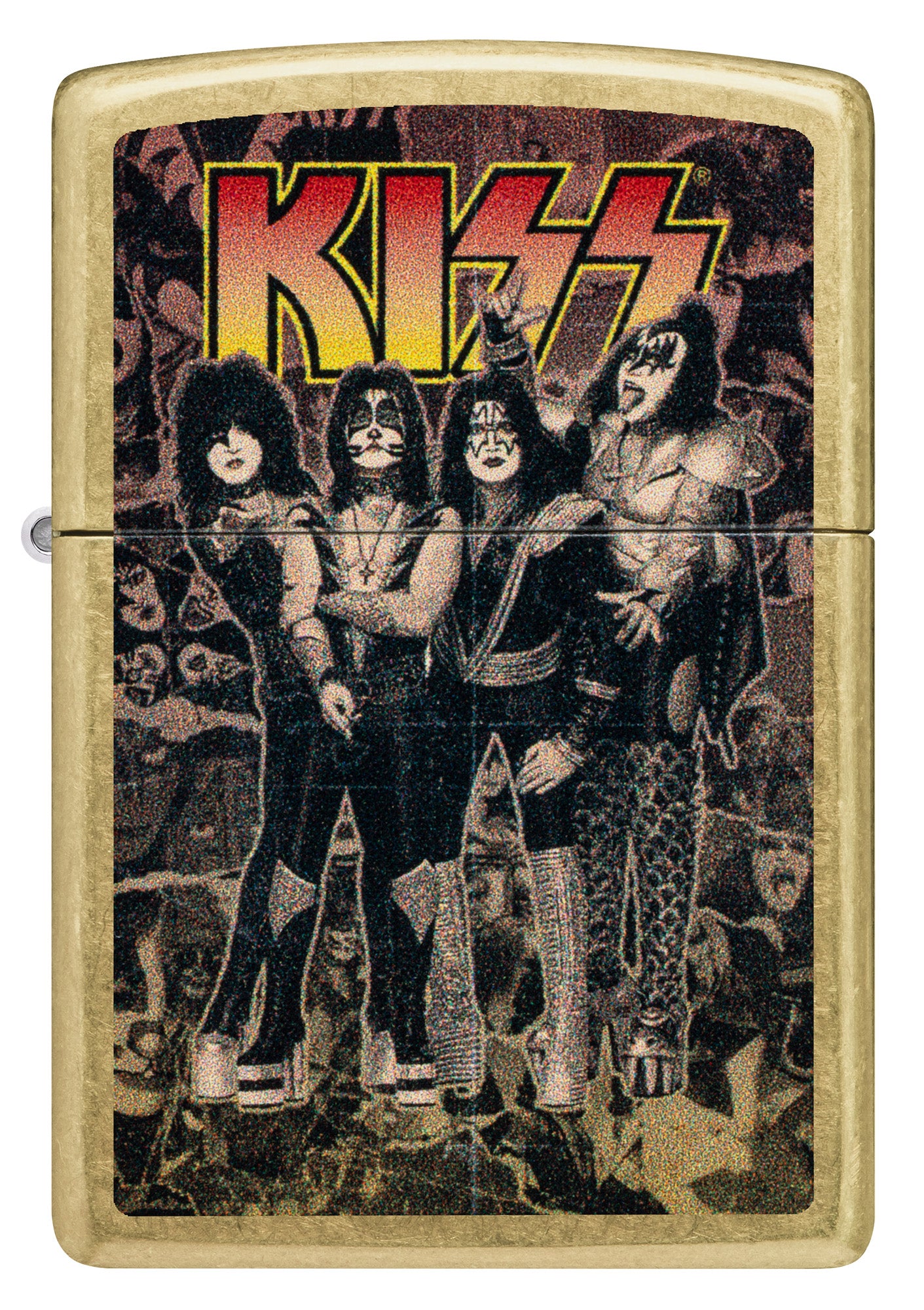 Front view of Zippo KISS Poster Street Brass Windproof Lighter.