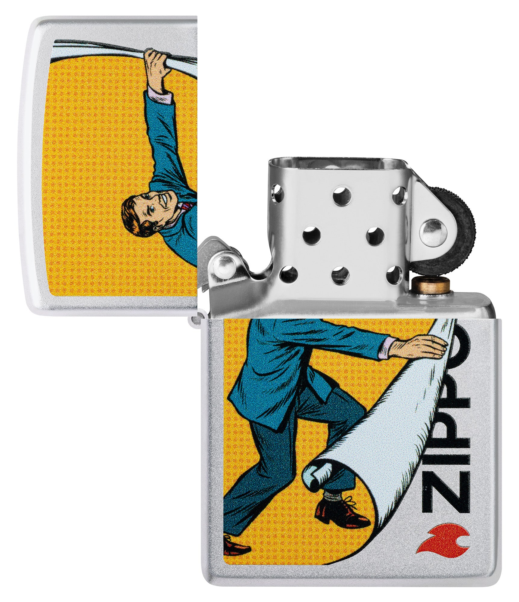 Zippo Reveal Design Satin Chrome Windproof Lighter with its lid open and unlit.