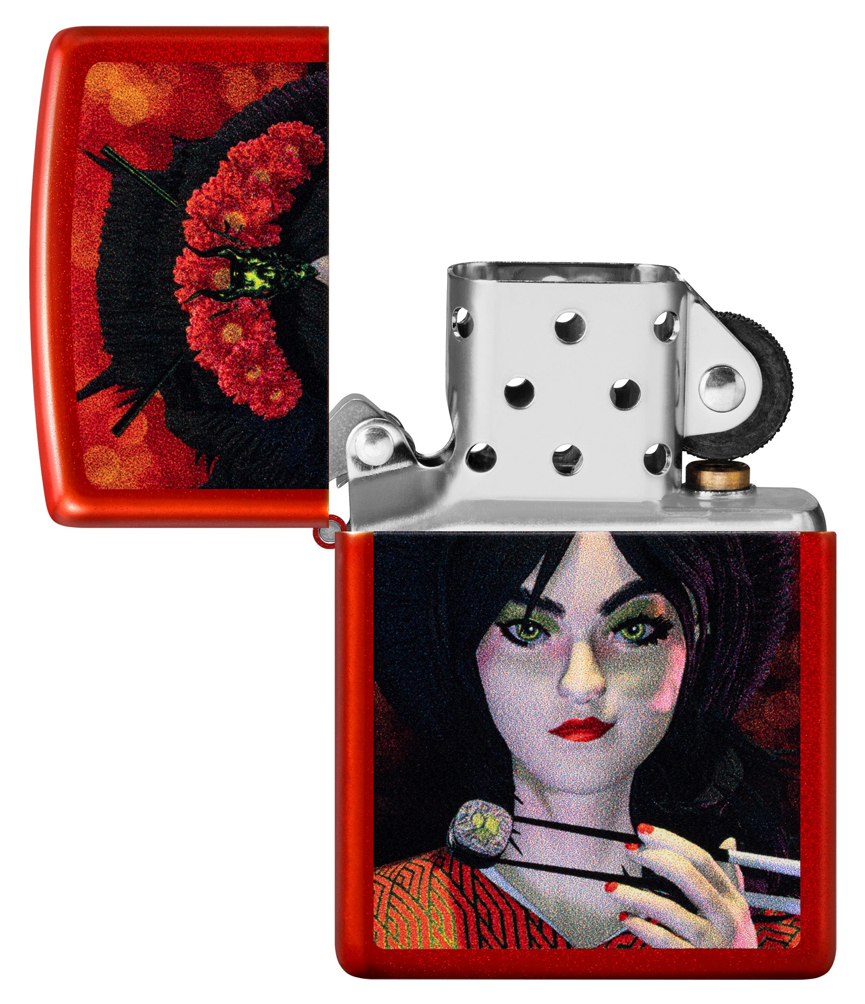 Zippo Dinner for Two Design Metallic Red Windproof Lighter with its lid open and unlit.