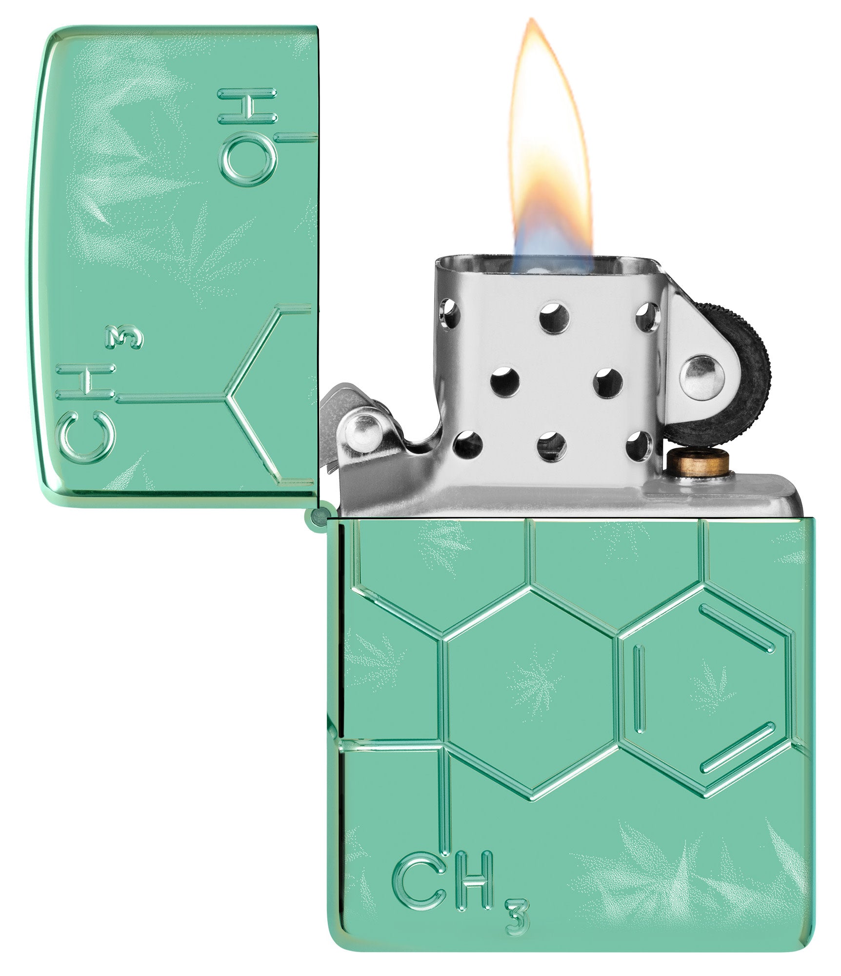 Zippo Cannabis Compound Design Armor® High Polish Green Windproof Lighter with its lid open and lit.