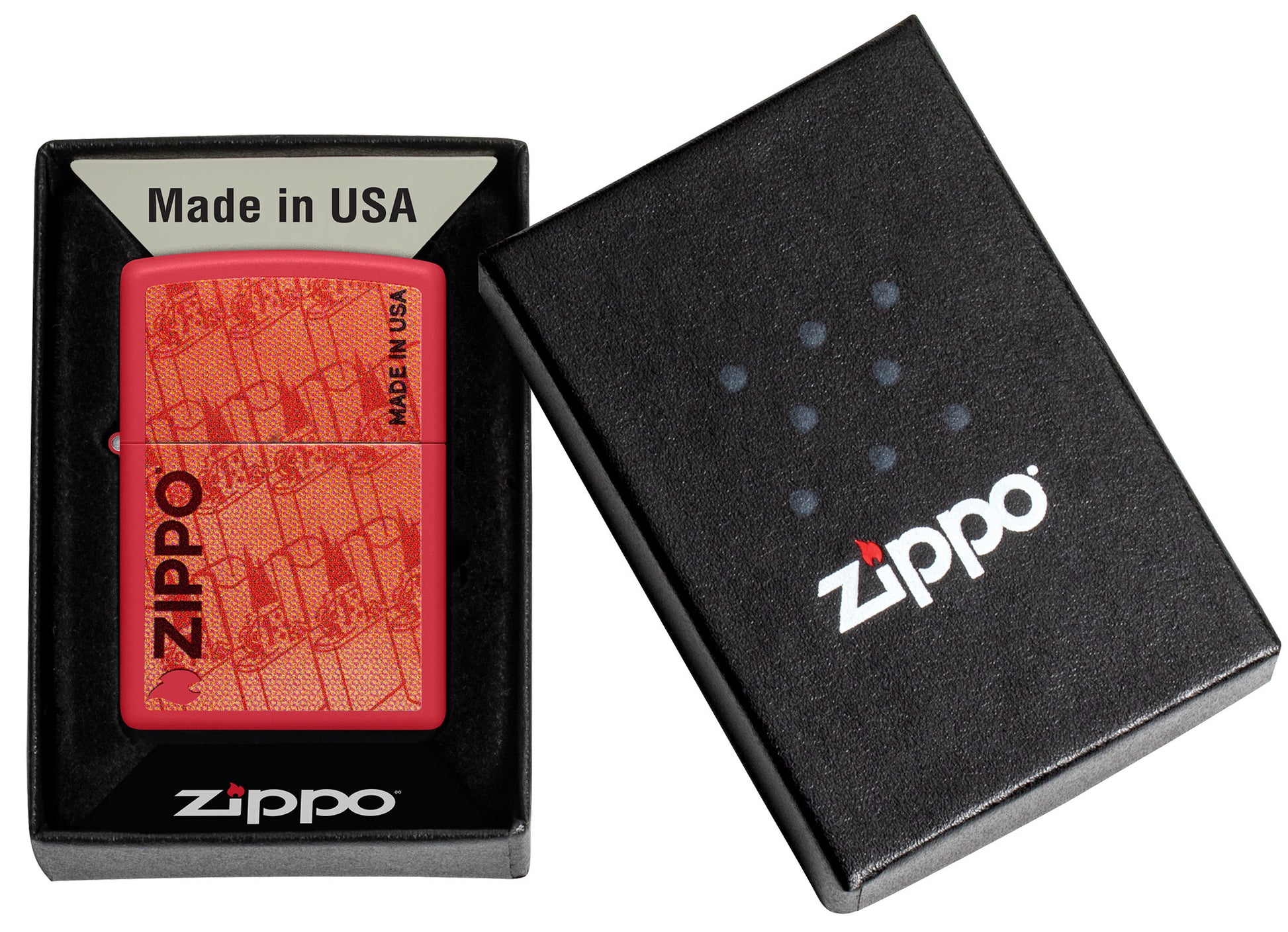 Zippo Made in USA Design Red Matte Windproof Lighter in its packaging.
