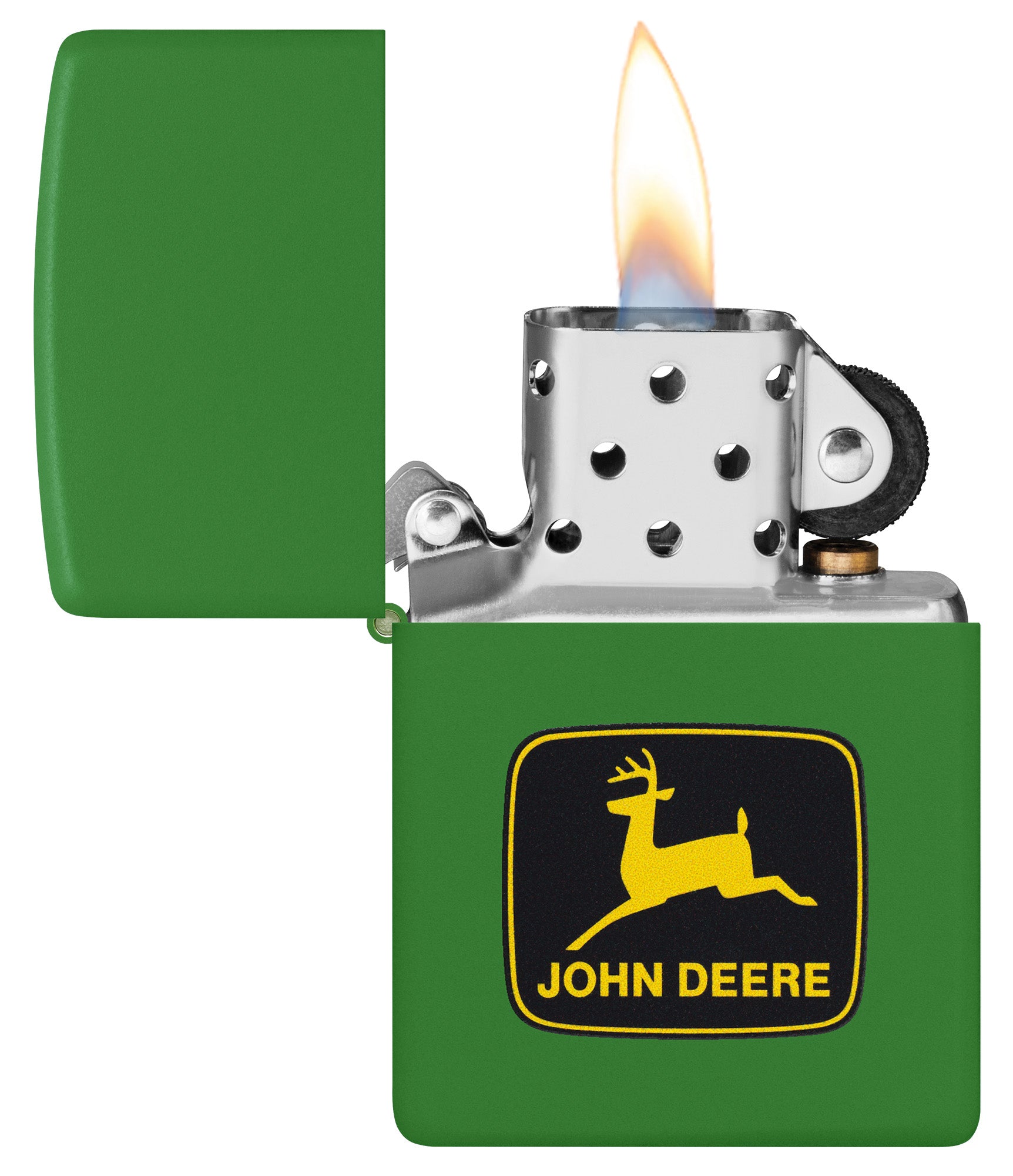 Zippo John Deere Logo Design Moss Green Pocket Lighter with its lid open and lit.