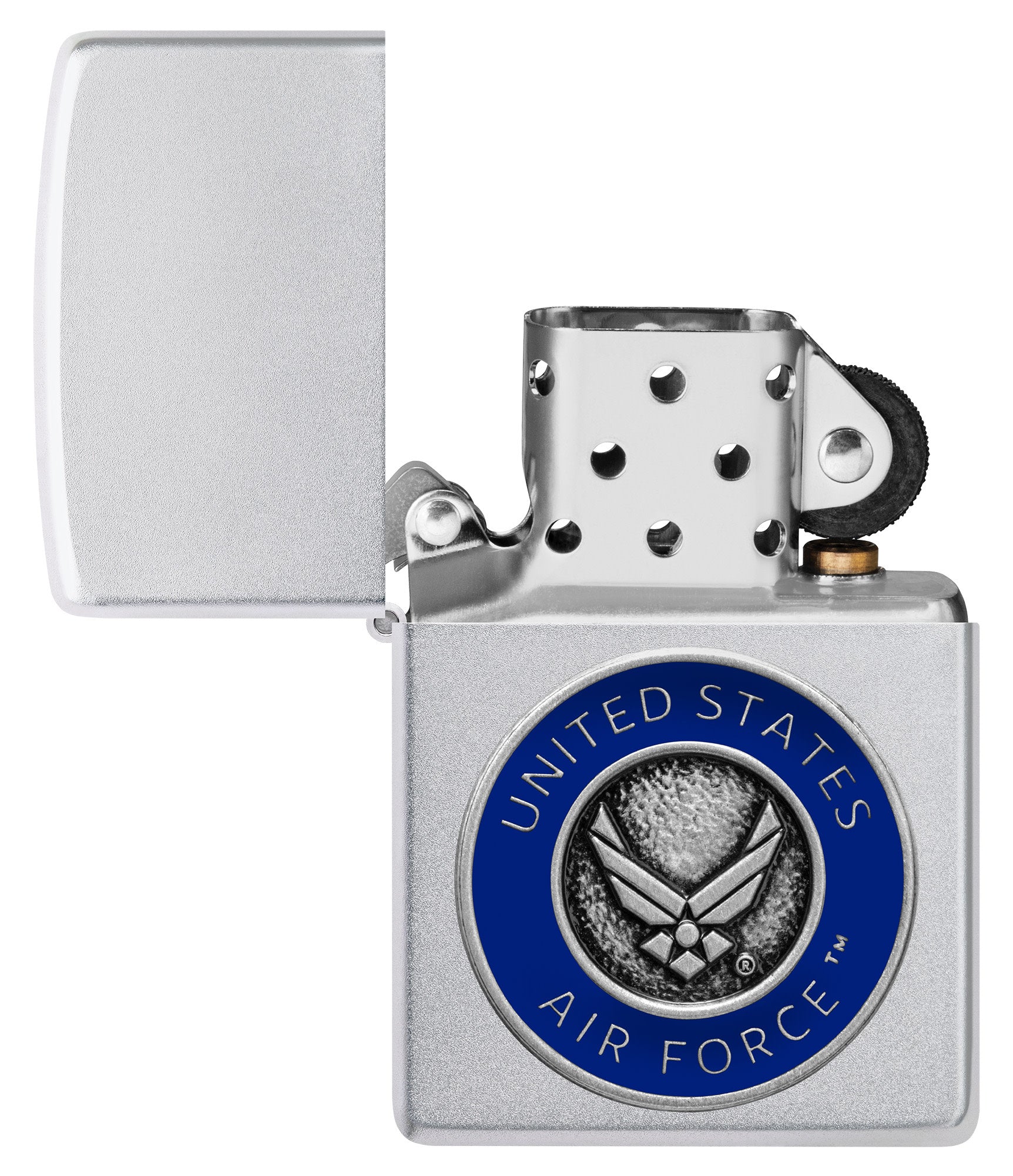 Zippo United States Air Forceâ„¢ Emblem Satin Chrome Windproof Lighter with its lid open and unlit.