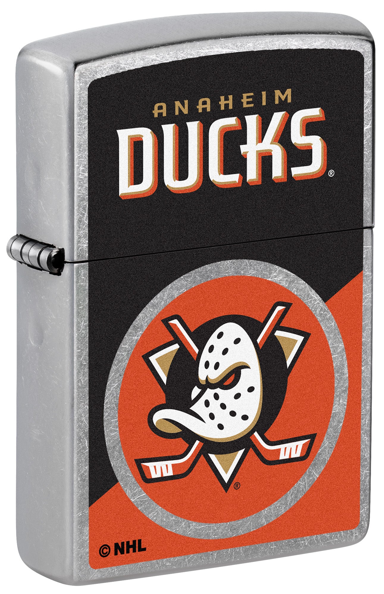 Front shot of Zippo NHL® Anaheim Ducks® 2024 Street Chrome™ Windproof Lighter standing at a 3/4 angle.