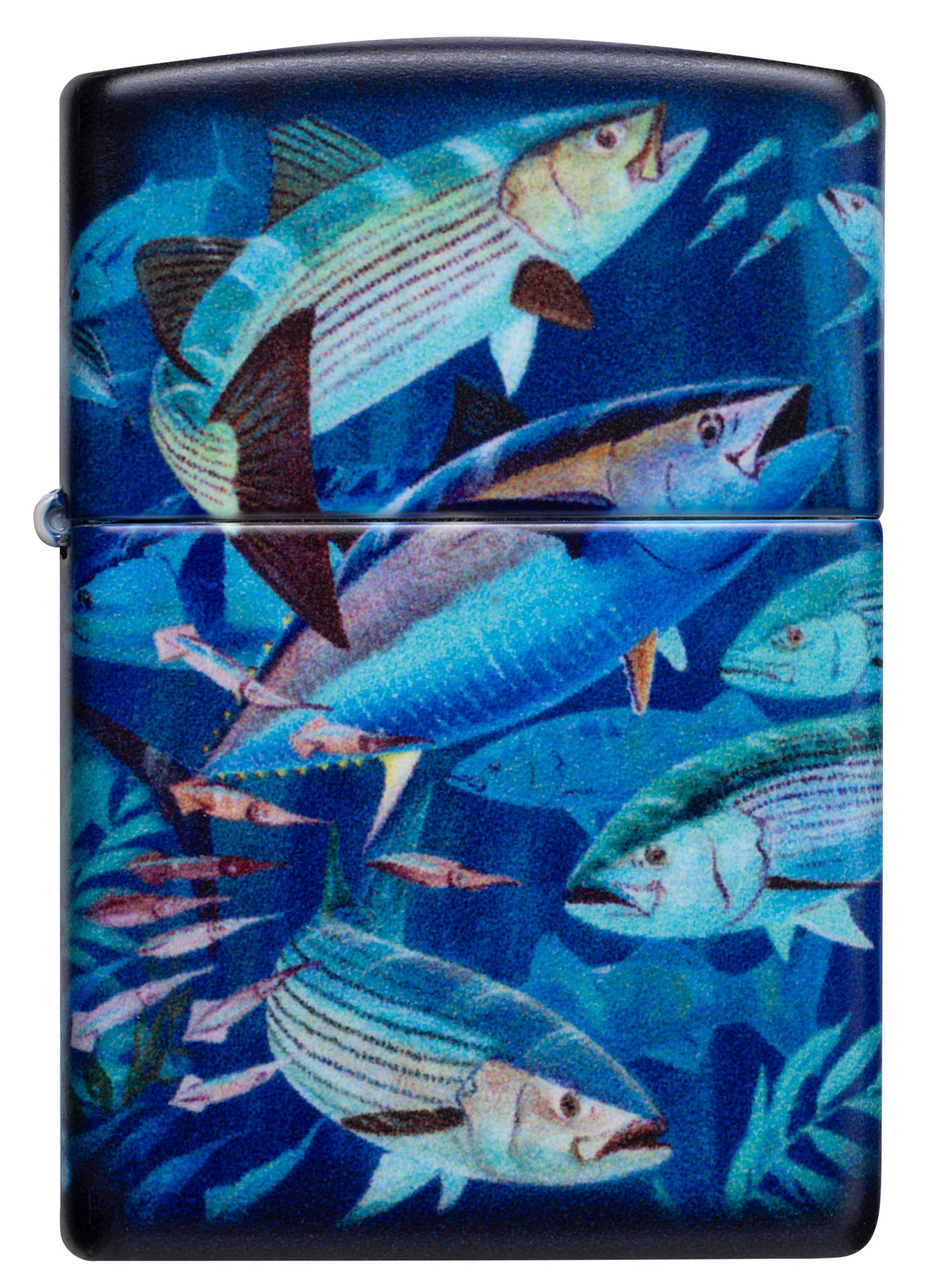 Front view of Zippo Guy Harvey School of Fish Design White 540 Matte Windproof Lighter.