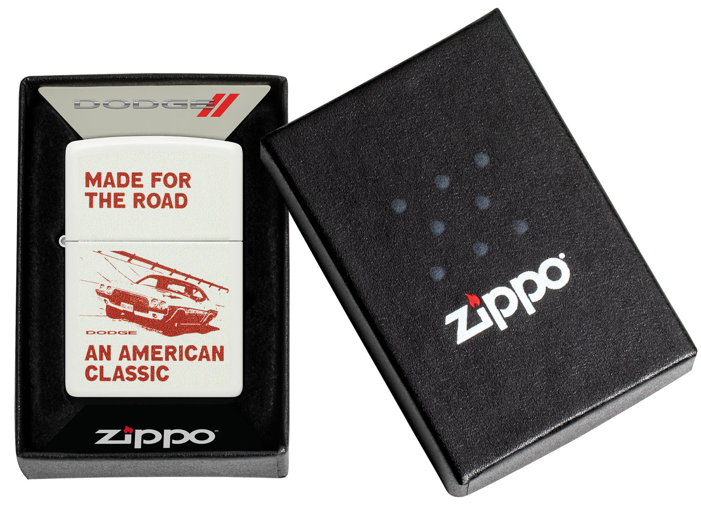 Zippo Dodge Made for the Road Design White Matte Windproof Lighter in its packaging.