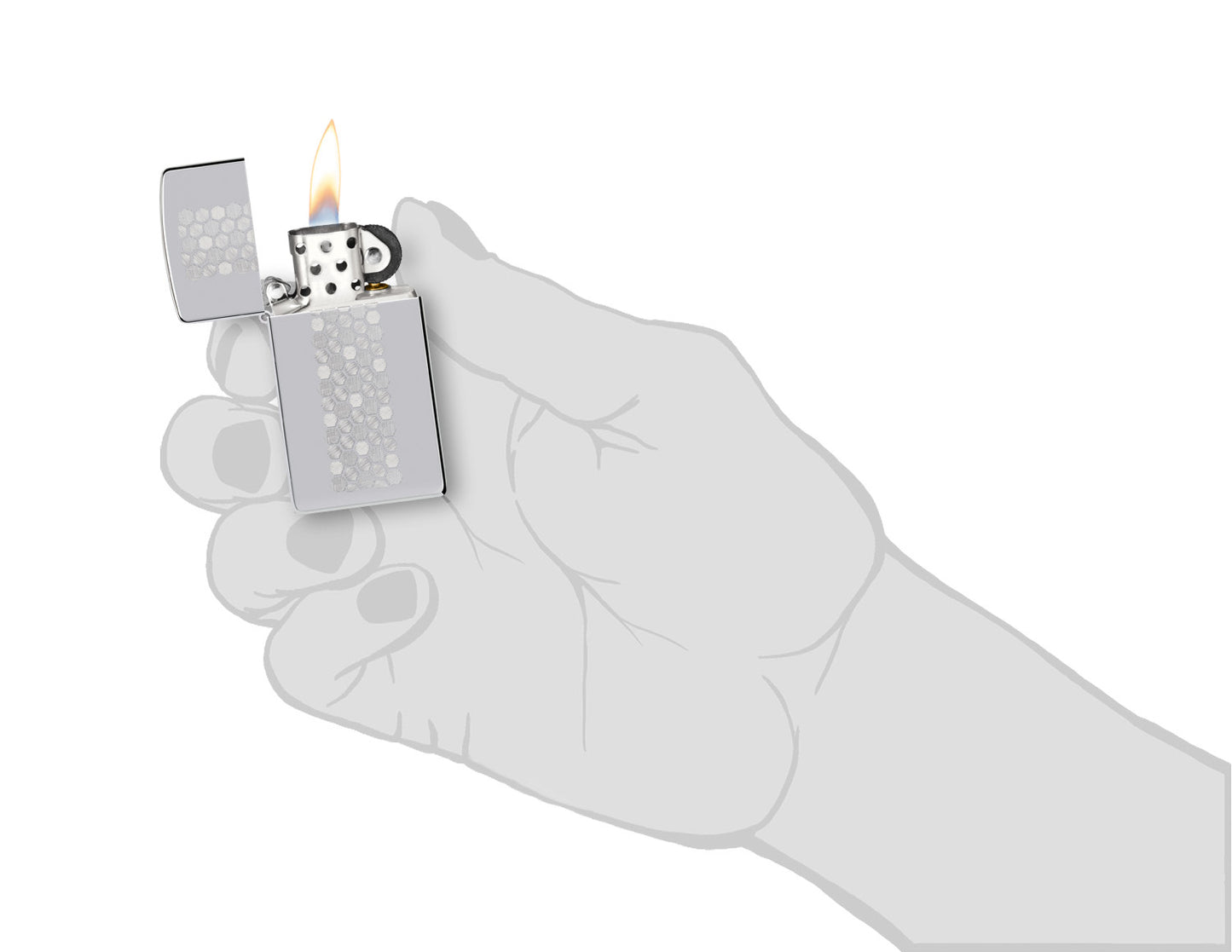 Zippo Slim® Honeycomb Design High Polish Chrome Windproof Lighter lit in hand.