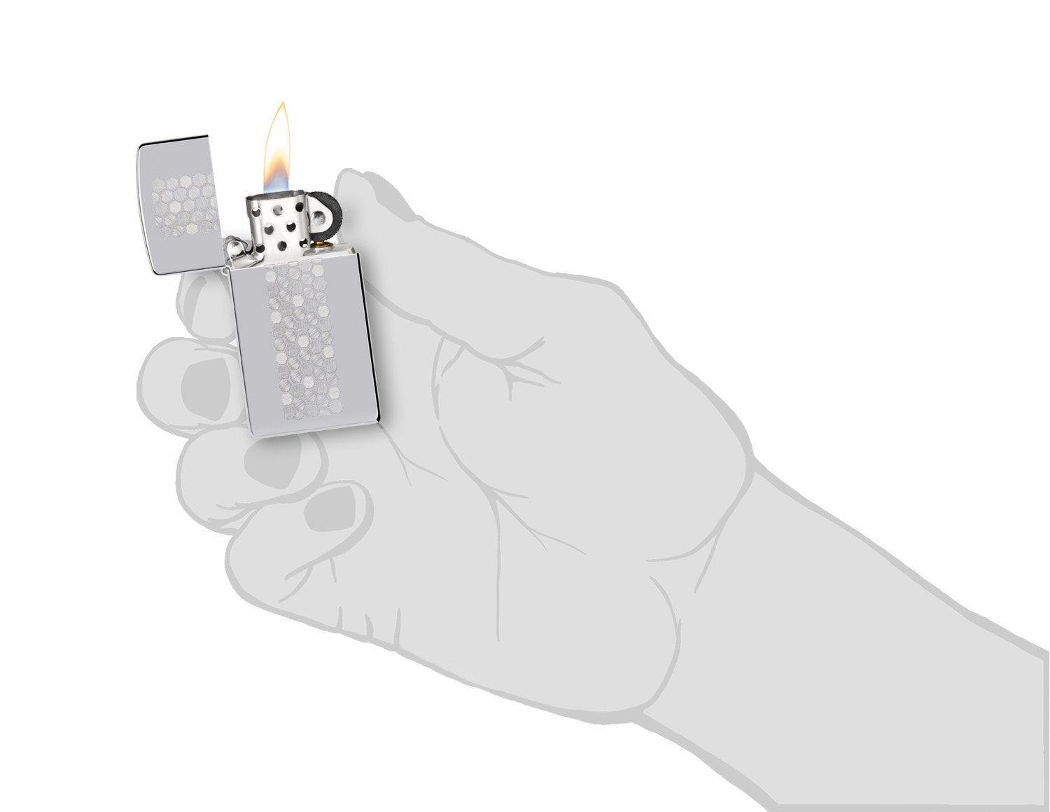 Zippo Slim® Honeycomb Design High Polish Chrome Windproof Lighter lit in hand.