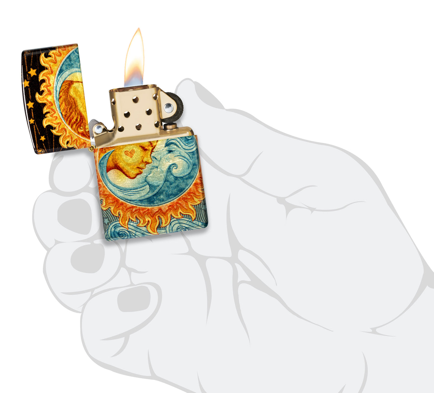 Zippo Star-Crossed Lovers Design 540 Tumbled Brass Windproof Lighter lit in hand.