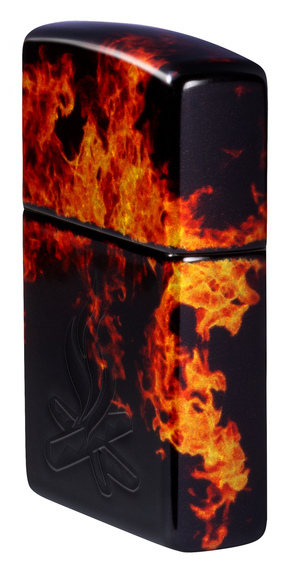 Angled shot of Zippo Fusion Inferno Design 540 Tumbled Brass Windproof Lighter showing the front and right side of the lighter.