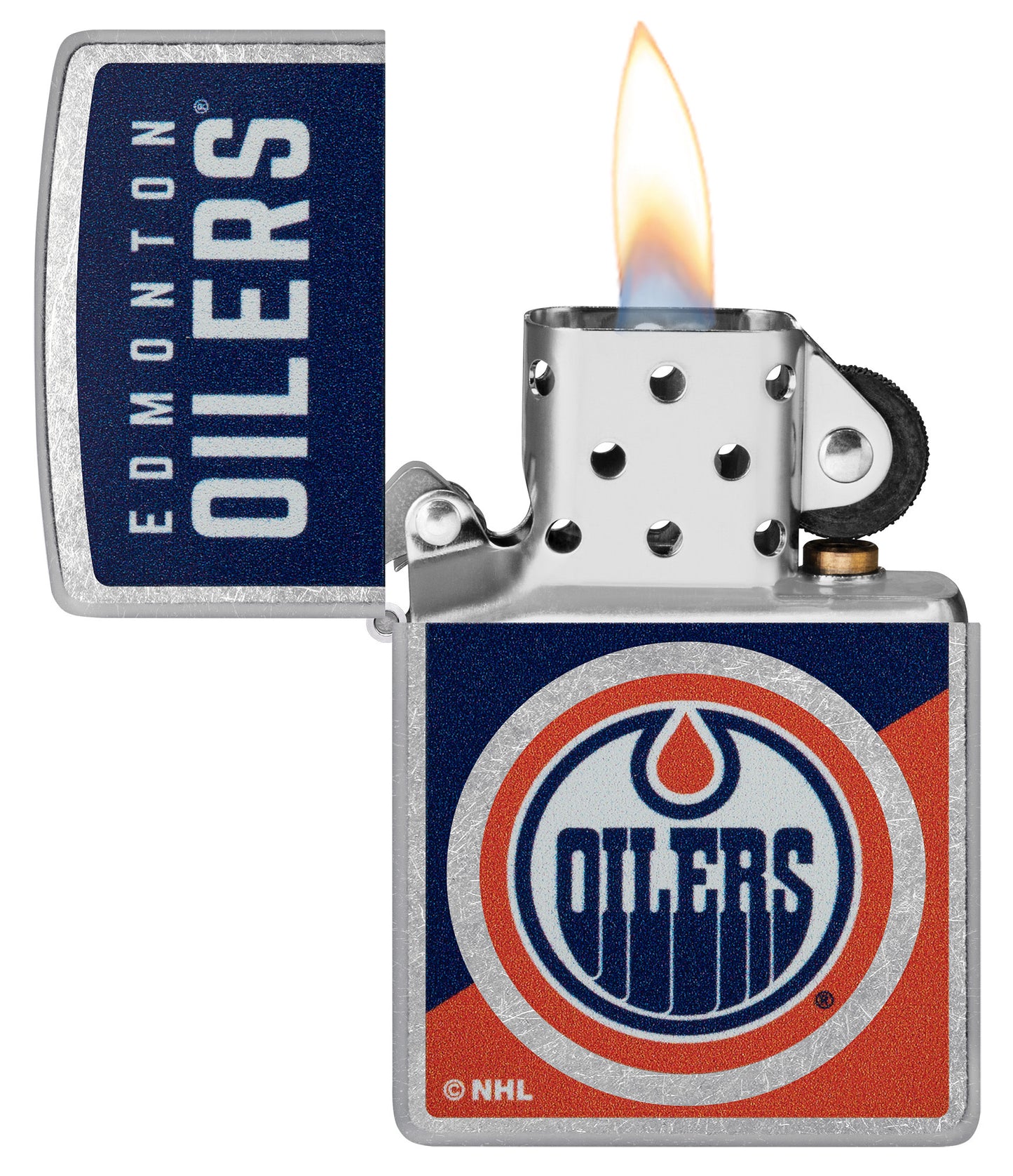 Zippo NHL® Edmonton Oilers® 2024 Street Chrome™ Windproof Lighter with its lid open and unlit.