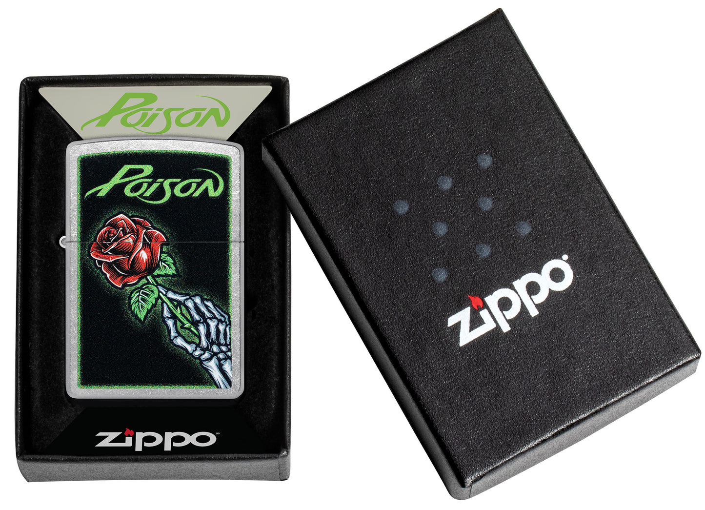 Zippo Poison Vibrant Rose Design Street Chrome Windproof Lighter in its packaging.
