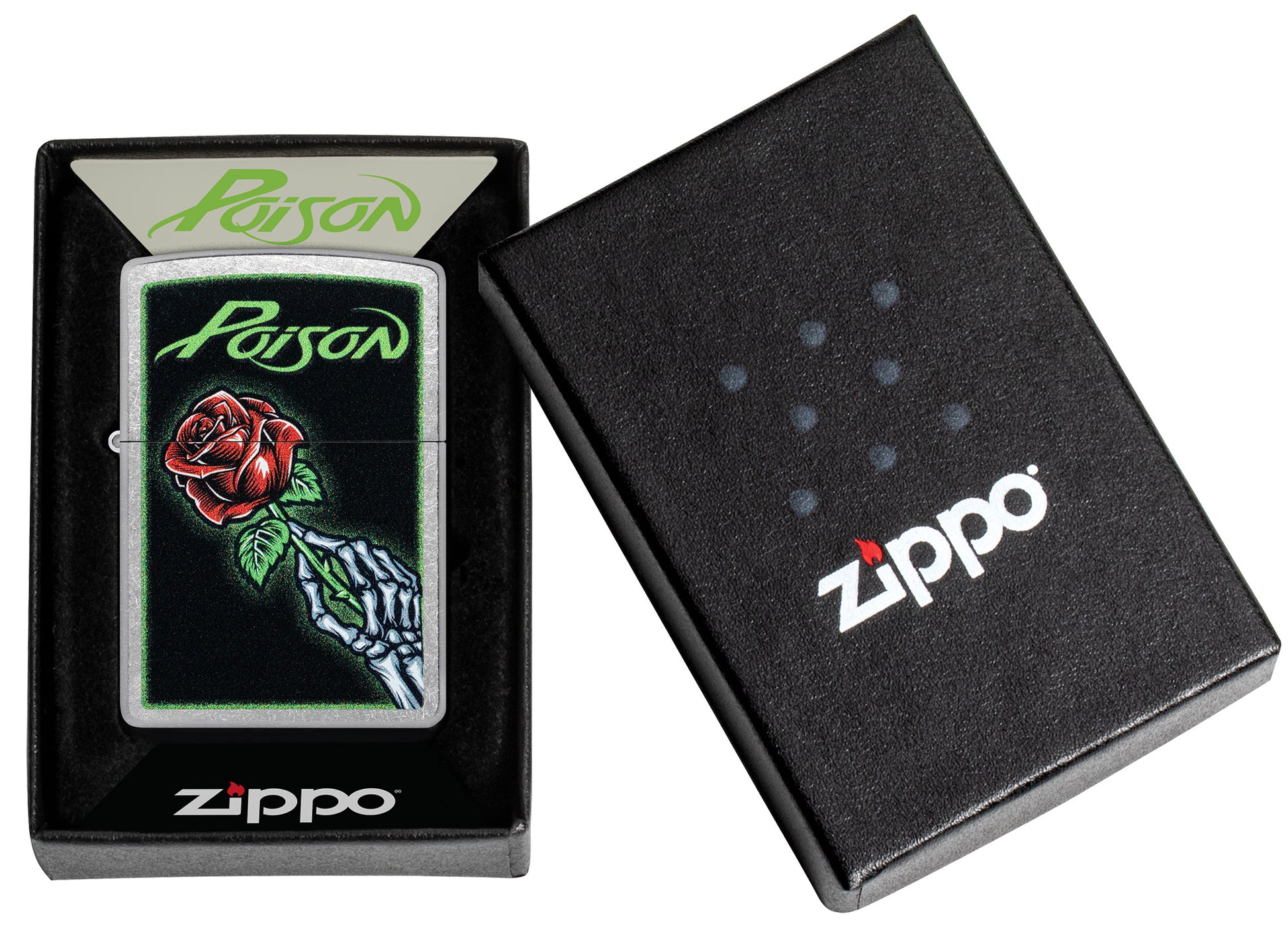 Zippo Poison Vibrant Rose Design Street Chrome Windproof Lighter in its packaging.