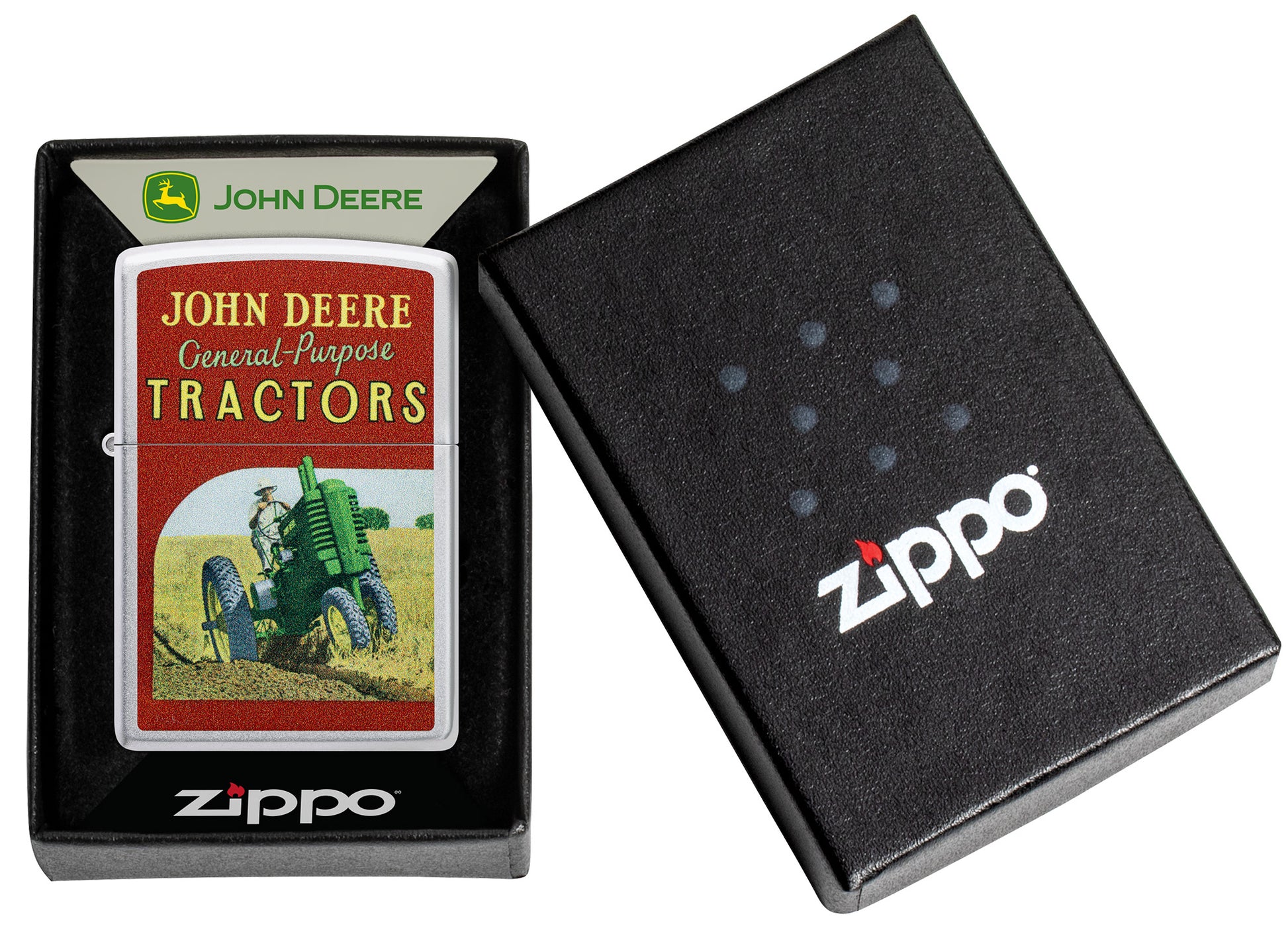 Zippo John Deere Vintage Ad Design Satin Chrome Windproof Lighter in its packaging.