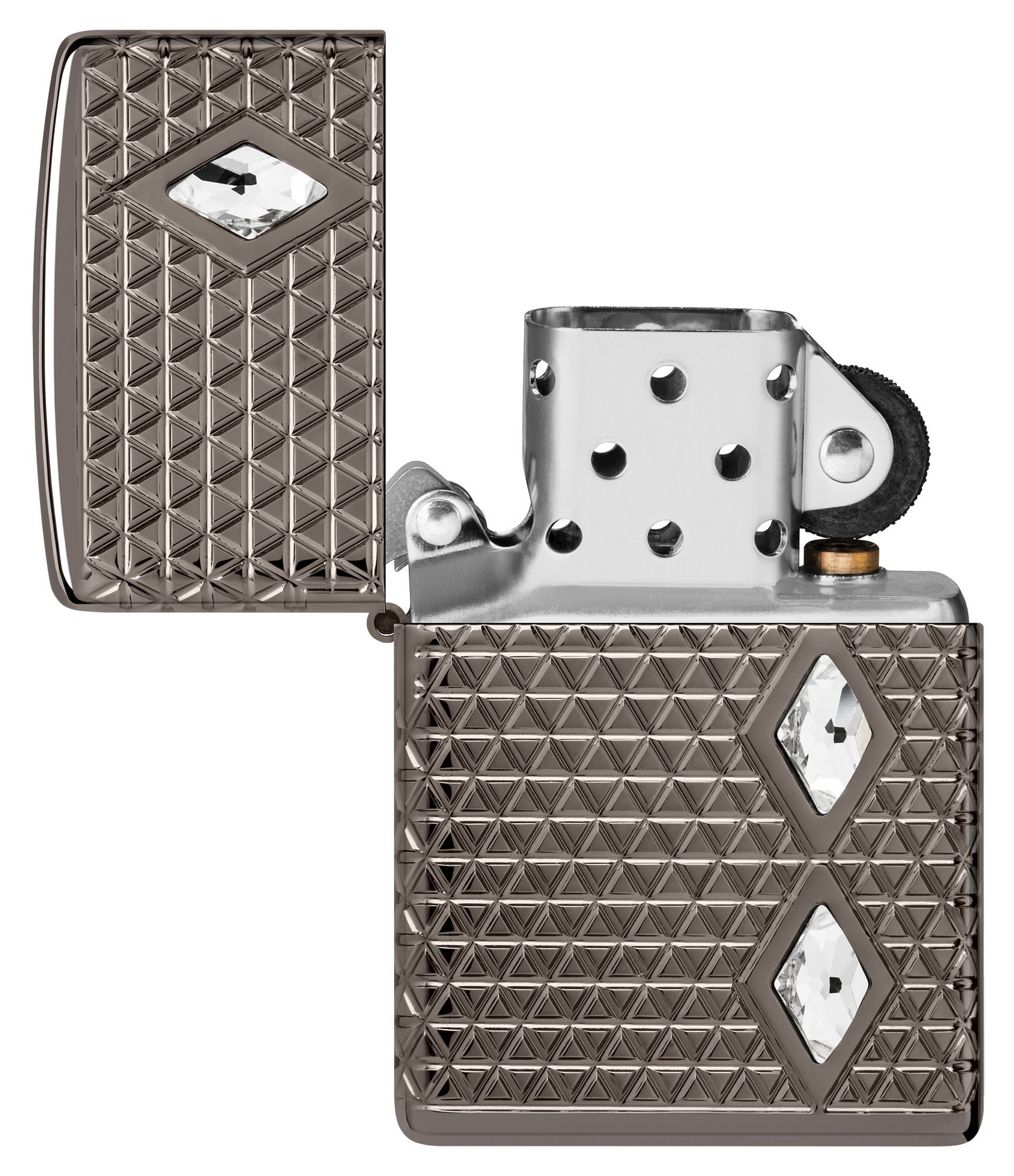 Zippo Diamond Pattern Design Armor® Black Ice® Windproof Lighter with its lid open and unlit.