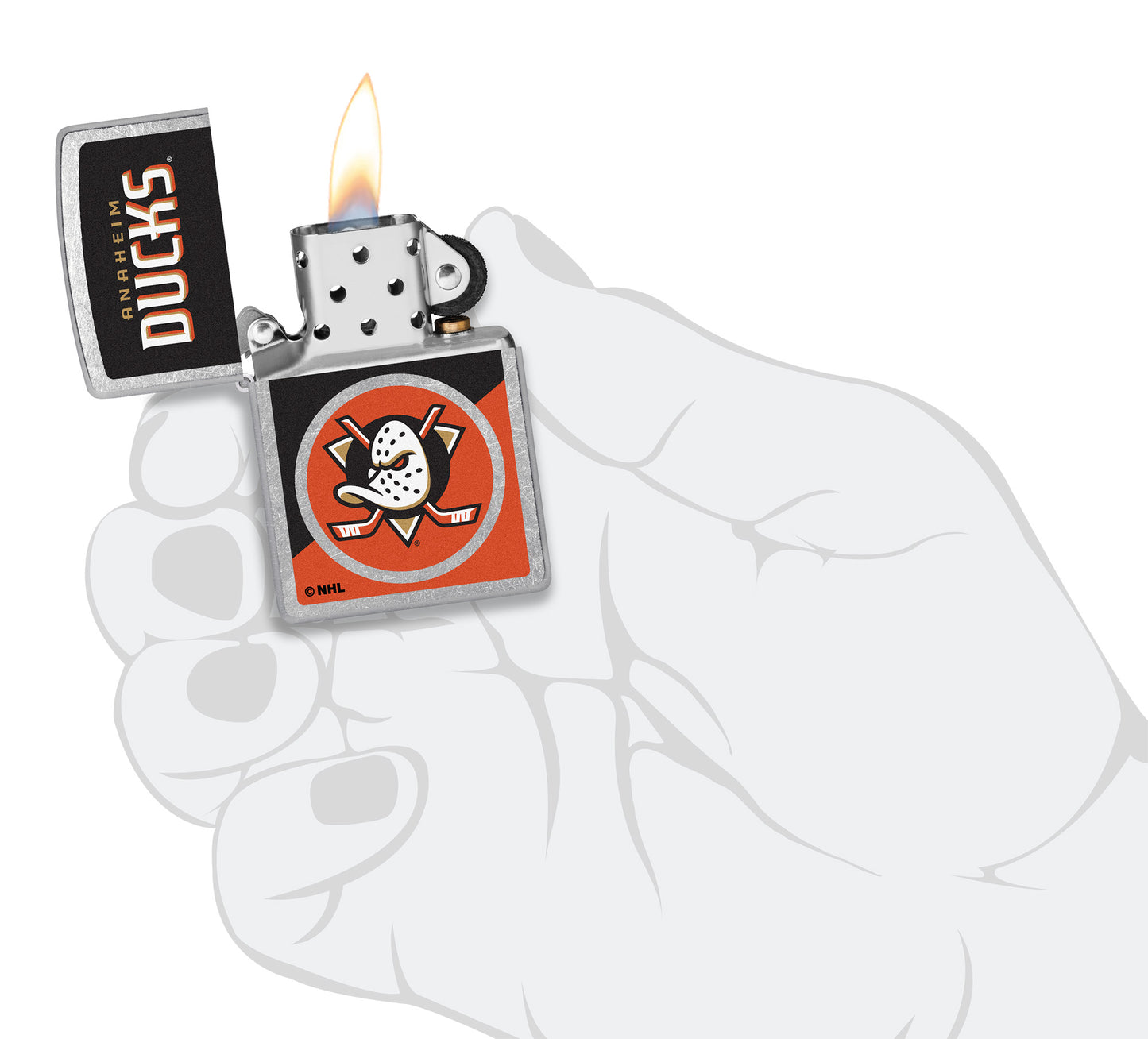 Zippo NHL® Anaheim Ducks® 2024 Street Chrome™ Windproof Lighter in its packaging.