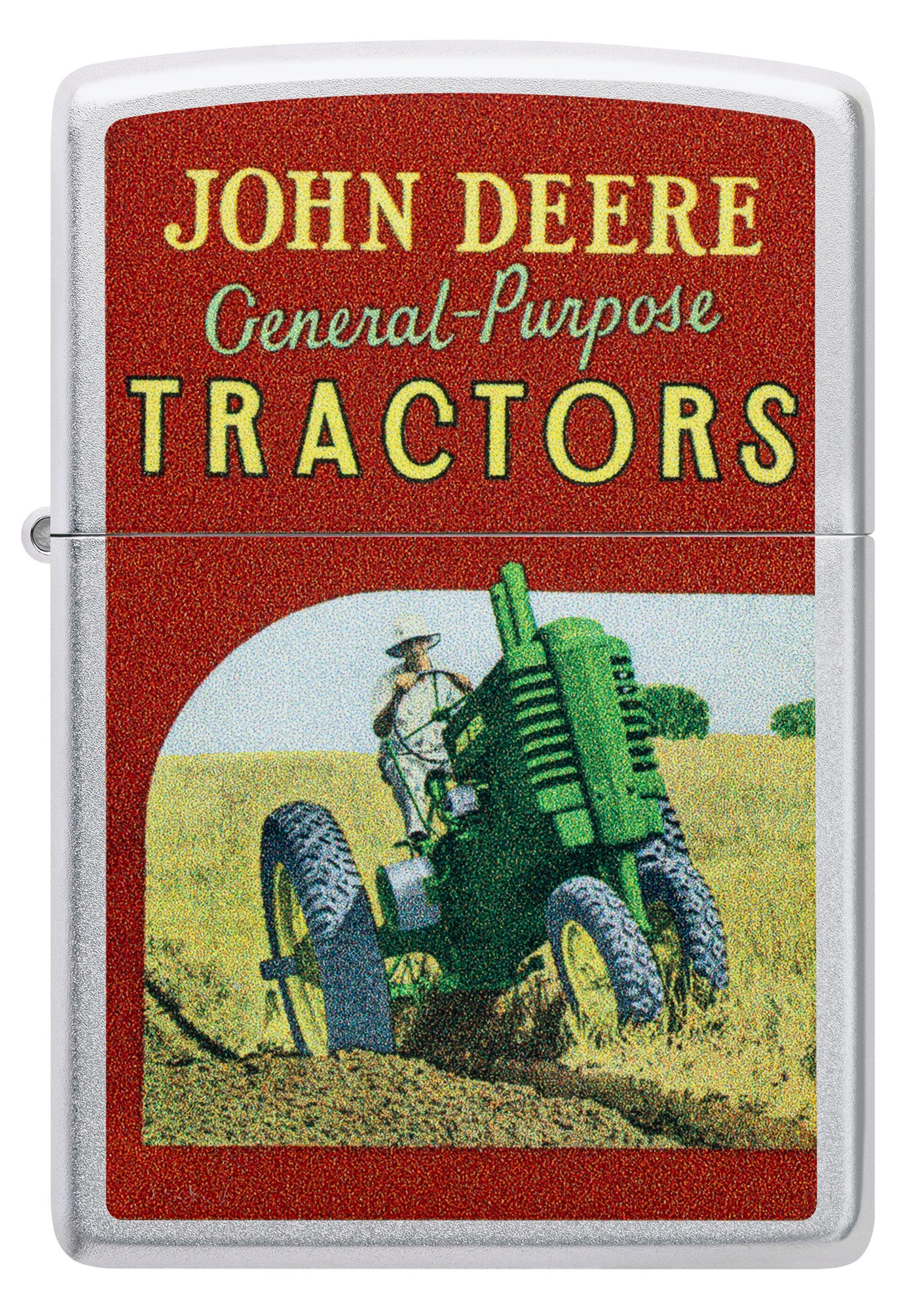 Front view of Zippo John Deere Vintage Ad Design Satin Chrome Windproof Lighter.