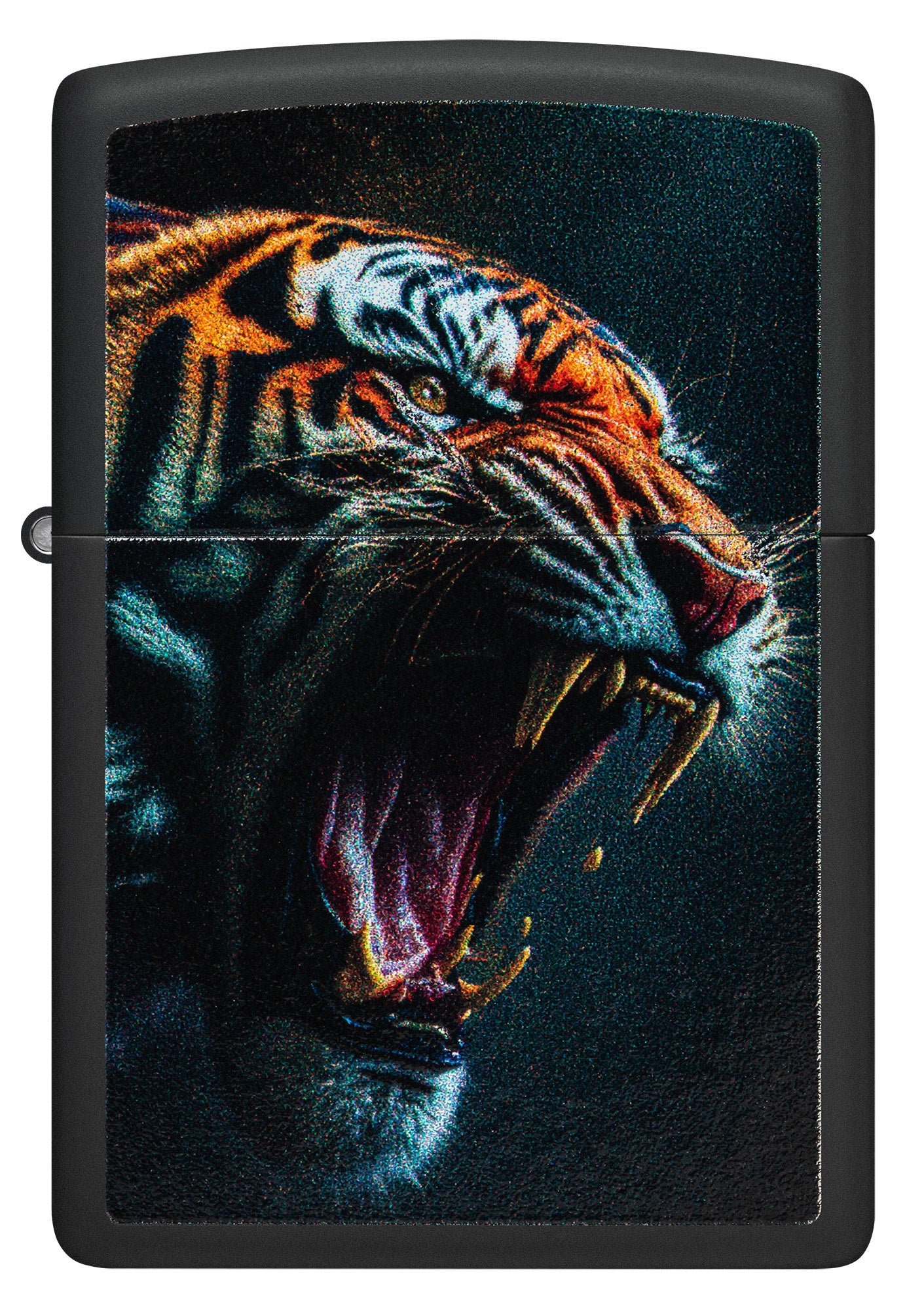 Front view of Zippo Tiger Roar Design Black Matte Windproof Lighter.