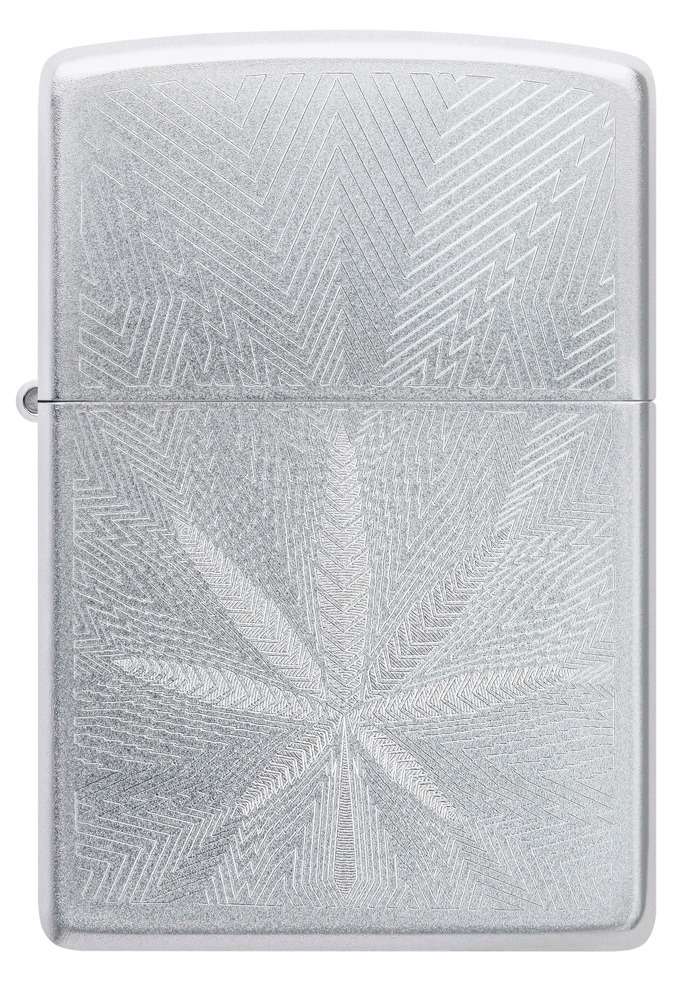 Front view of Zippo Luxury Leaf Design Satin Chrome Windproof Lighter.