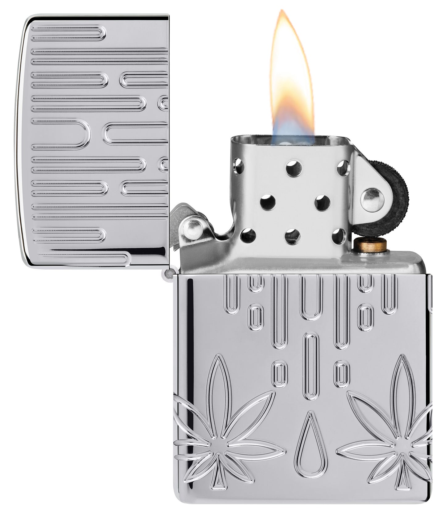 Zippo Waxy Leaf Design Armor® High Polish Chrome Windproof Lighter with its lid open and lit.