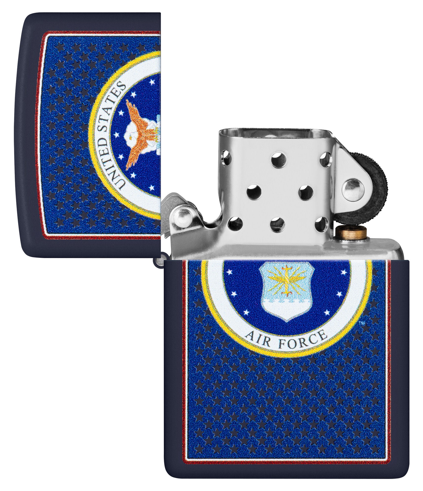 Zippo U.S. Air Forceâ„¢ Navy Matte Windproof Lighter with its lid open and unlit.
