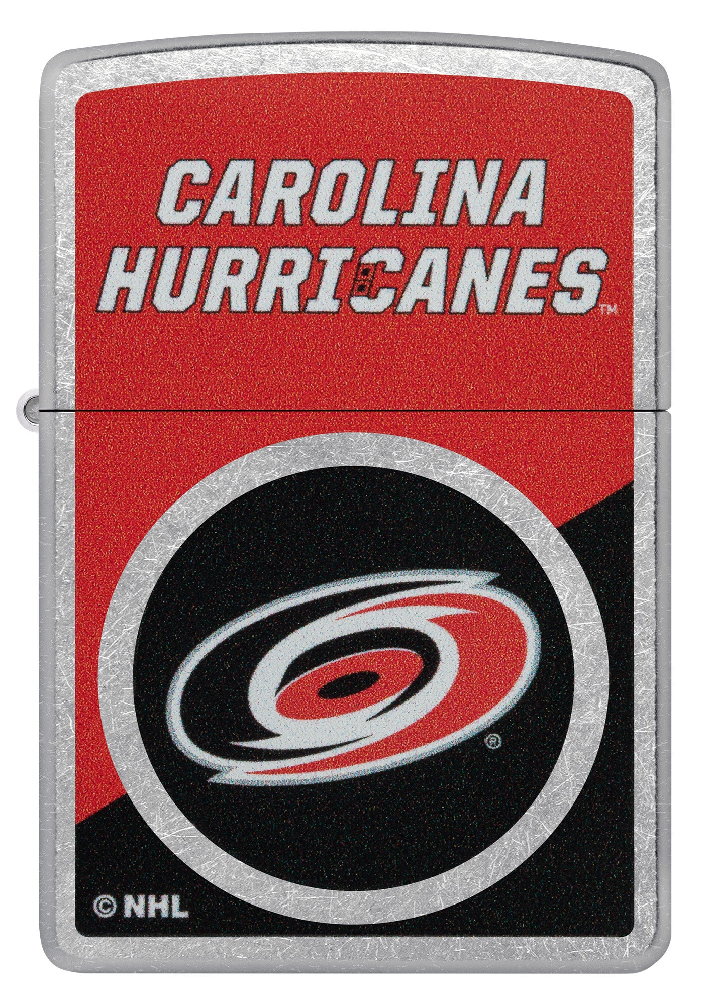 Zippo NHL® Carolina Hurricanes® 2024 Street Chrome™ Windproof Lighter with its lid open and lit.