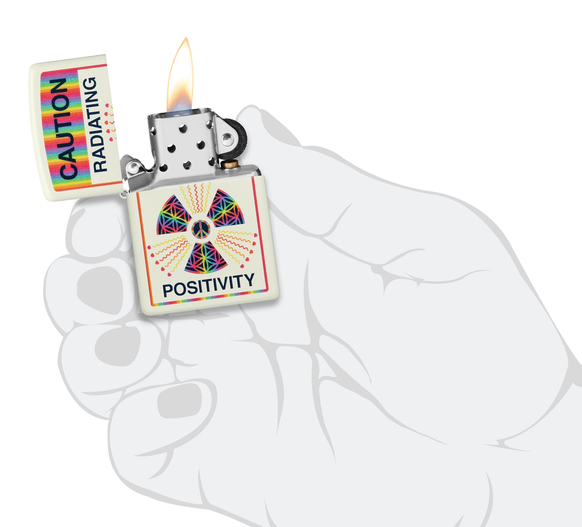 Zippo Glowing Positivity Design Glow in the Dark Windproof Lighter lit in hand.