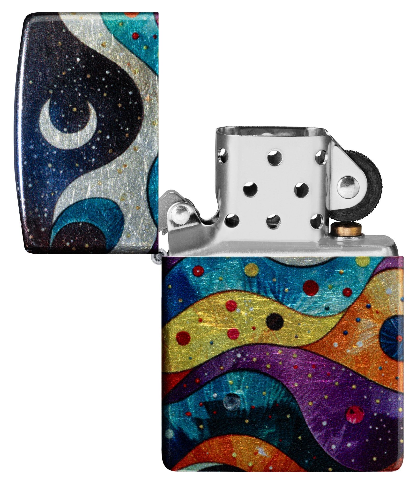 Zippo Space Fusion Design 540 Tumbled Chrome Windproof Lighter with its lid open and unlit.