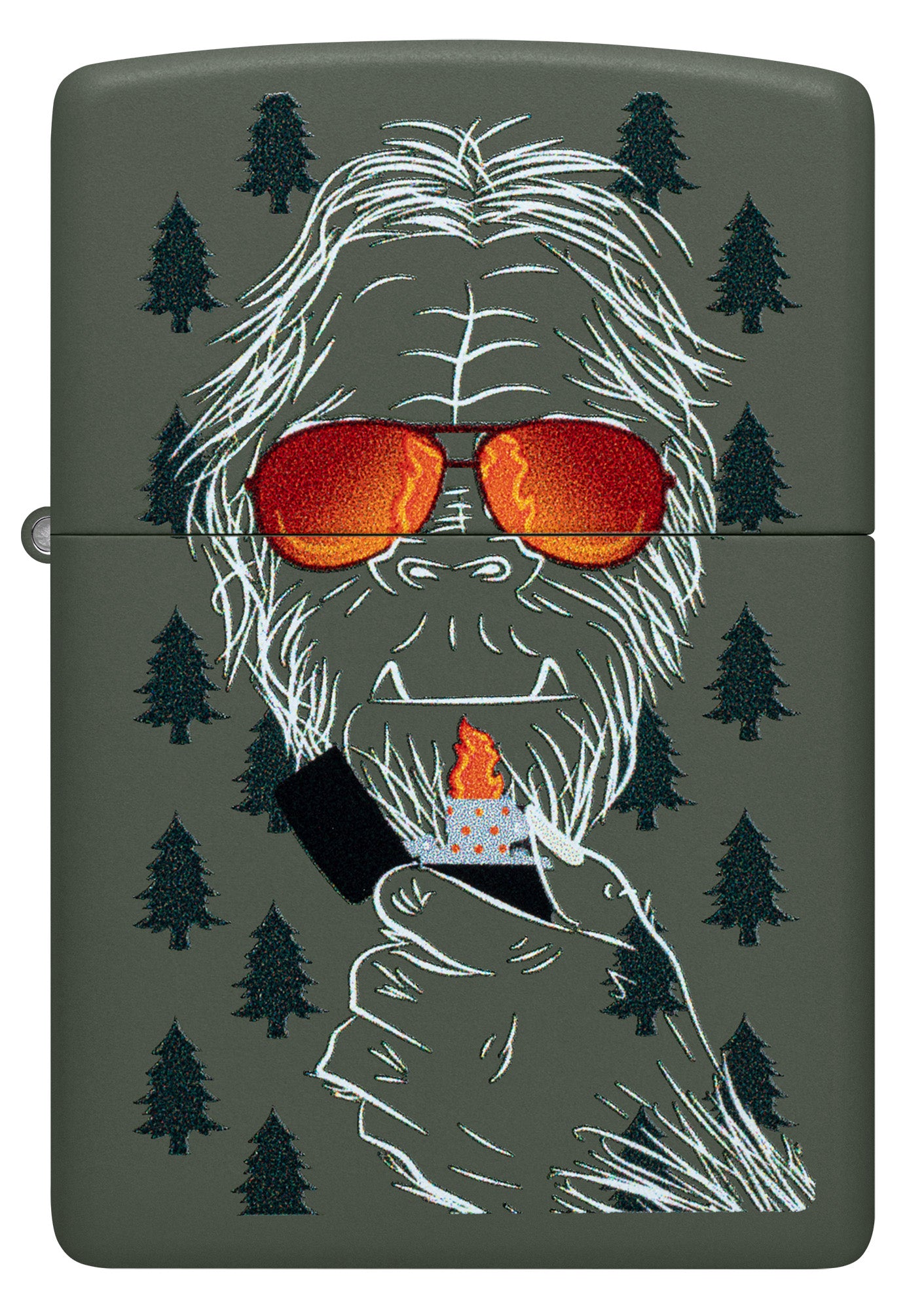 Front view of Zippo Zipsquatch Design Green Matte Windproof Lighter.