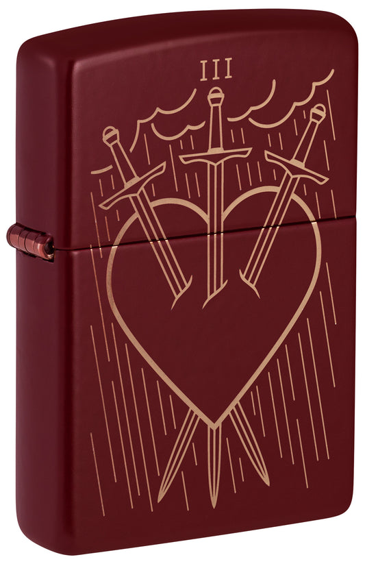 Front shot of Zippo Three of Swords Design Merlot Windproof Lighter standing at a 3/4 angle.