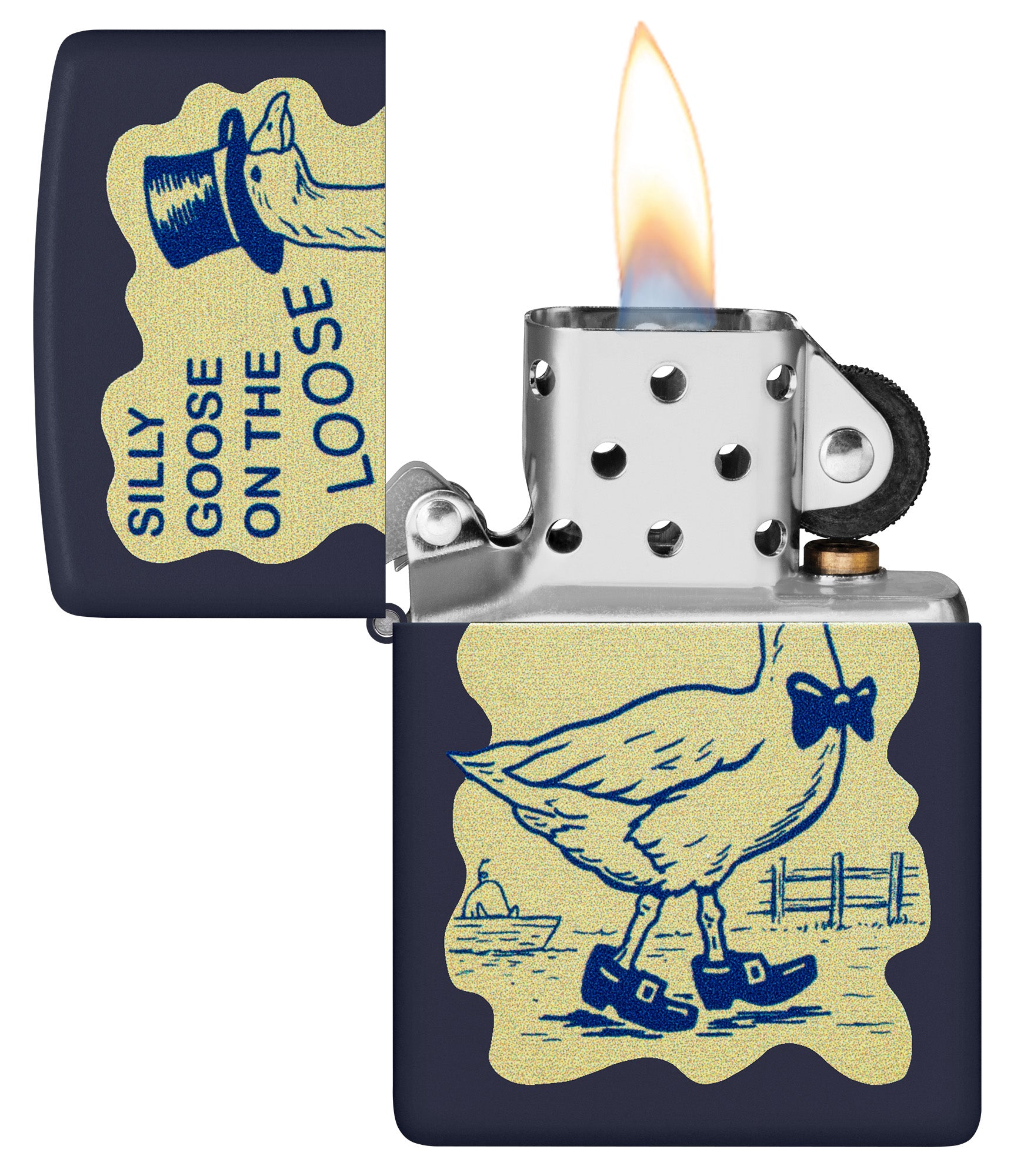 Zippo Silly Goose Design Navy Blue Matte Windproof Lighter with its lid open and lit.