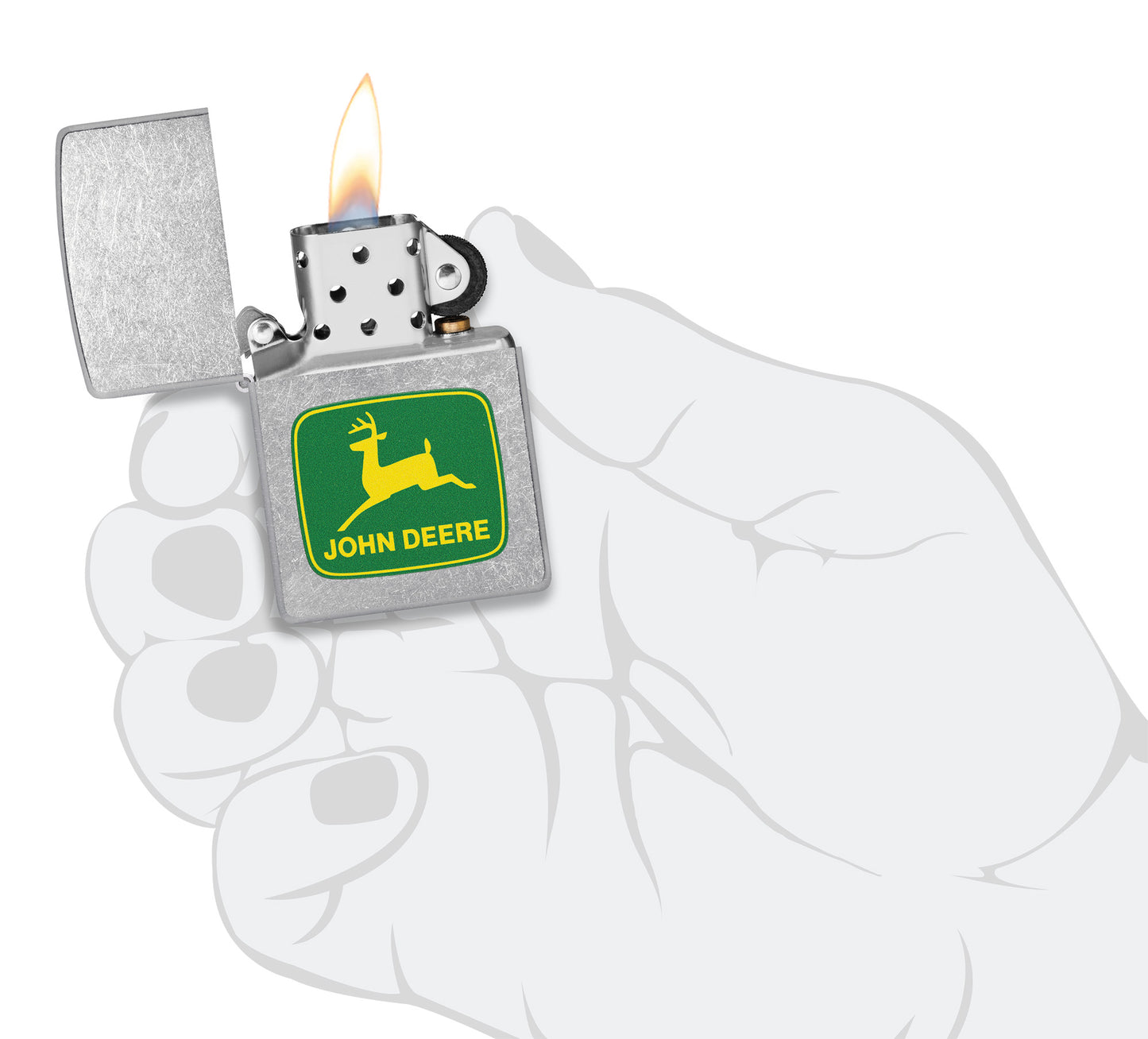 Zippo John Deere Leaping Deer Design Street Chrome Pocket Lighter lit in hand.