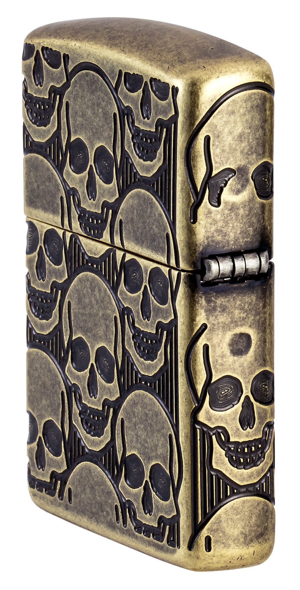 Angled shot of Zippo Cackling Cranium Design Armor® Antique Brass Windproof Lighter showing the back and hinge side of the lighter.