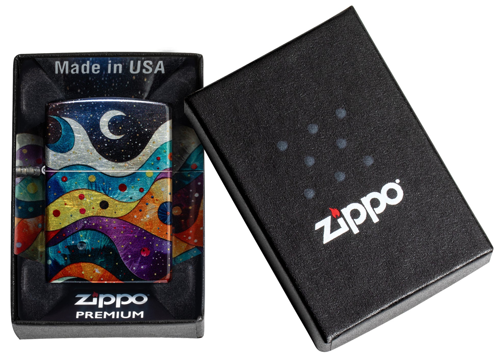 Zippo Space Fusion Design 540 Tumbled Chrome Windproof Lighter in its packaging.